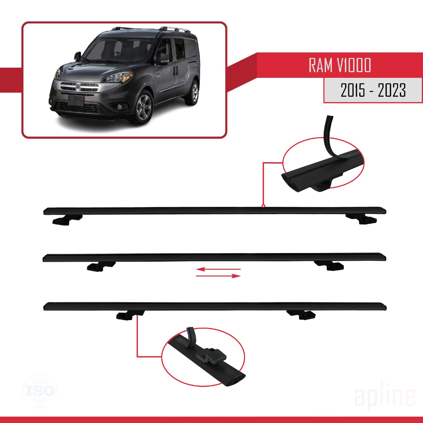 Compatible avec Ram V1000 2015-2022 BASIC Model Barres de Toit Railing Porte-Bagages de Voiture Noir Aluminium 2 Barres