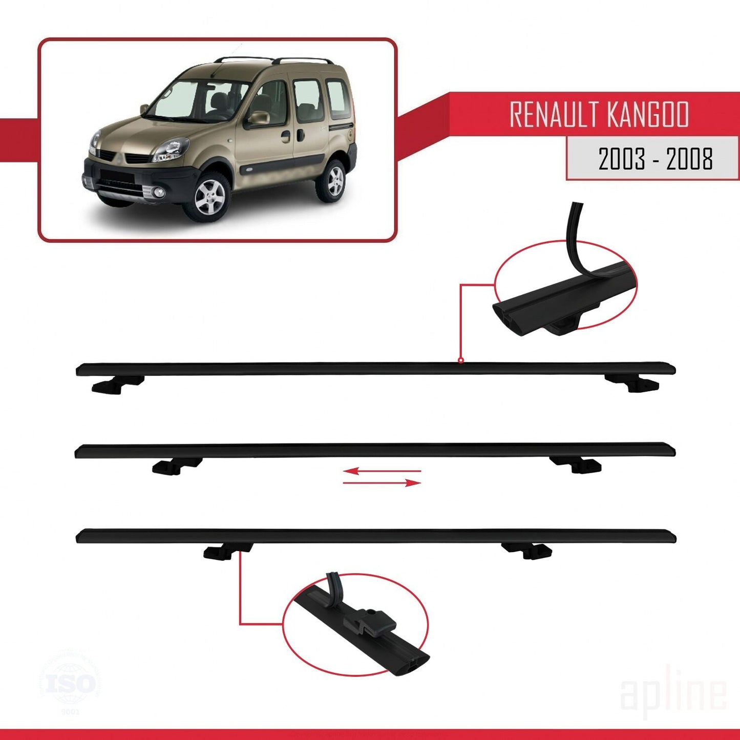 Compatible avec Renault Kangoo (X76) Post-Facelift 2003-2008 BASIC Model Barres de Toit Railing Porte-Bagages de Voiture Noir Aluminium 2 Barres
