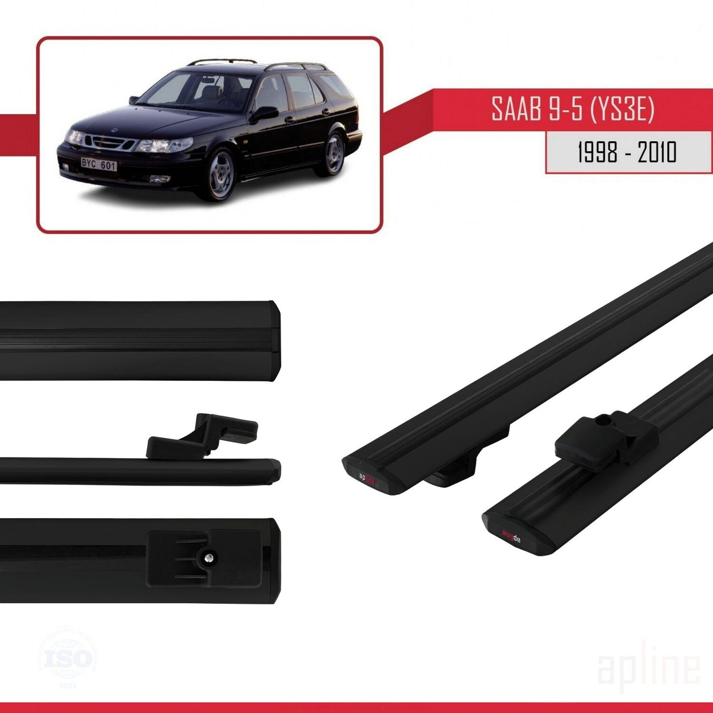 Compatible avec Saab 9-5 (YS3E) Break 1998-2010 BASIC Model Barres de Toit Railing Porte-Bagages de Voiture Noir Aluminium 2 Barres
