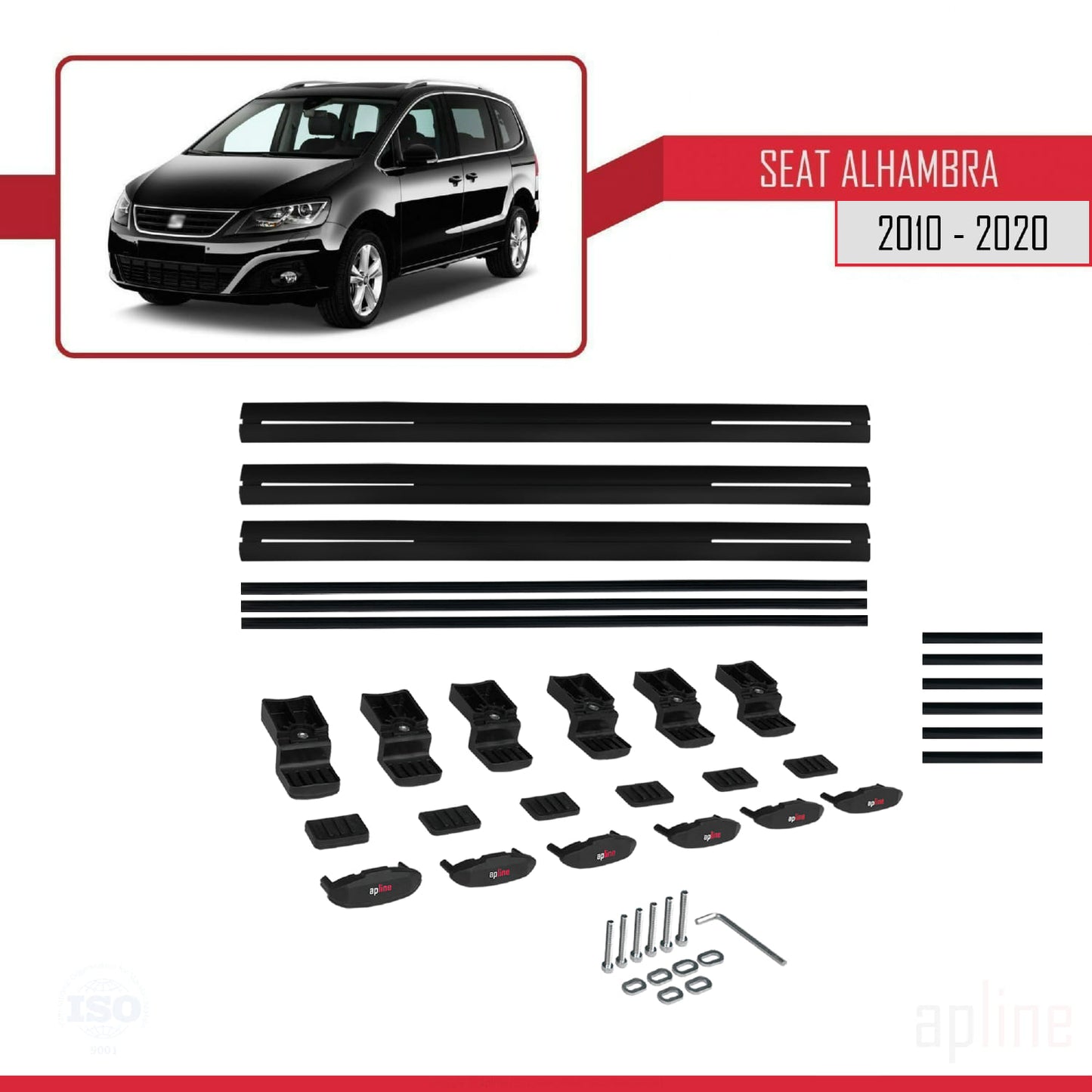 Compatible with Seat Alhambra 2 (7N) 2010-2020 BASIC Model Car Roof Rack Cross Bar Black Aluminium 3 Bars