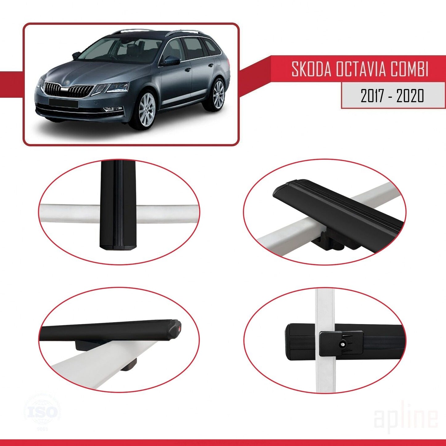 Compatible avec Skoda Octavia 3 (5E) Break Post-Facelift 2017-2020 BASIC Model Barres de Toit Railing Porte-Bagages de Voiture Noir Aluminium 3 Barres