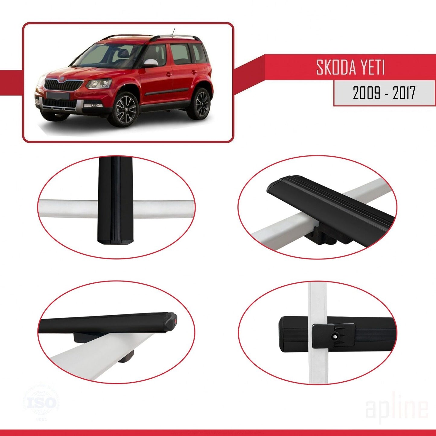 Compatible avec Skoda Yeti 2009-2017  BASIC Model Barres de Toit Railing Porte-Bagages de Voiture Noir Aluminium 3 Barres