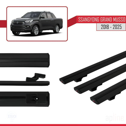 Compatible avec Ssangyong Grand Musso 2018-2025 BASIC Model Barres de Toit Railing Porte-Bagages de Voiture Noir Aluminium 3 Barres