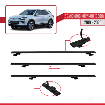 Compatible avec Ssangyong Korando 4 (C300) 2019-2025 BASIC Model Barres de Toit Railing Porte-Bagages de Voiture Noir Aluminium 2 Barres