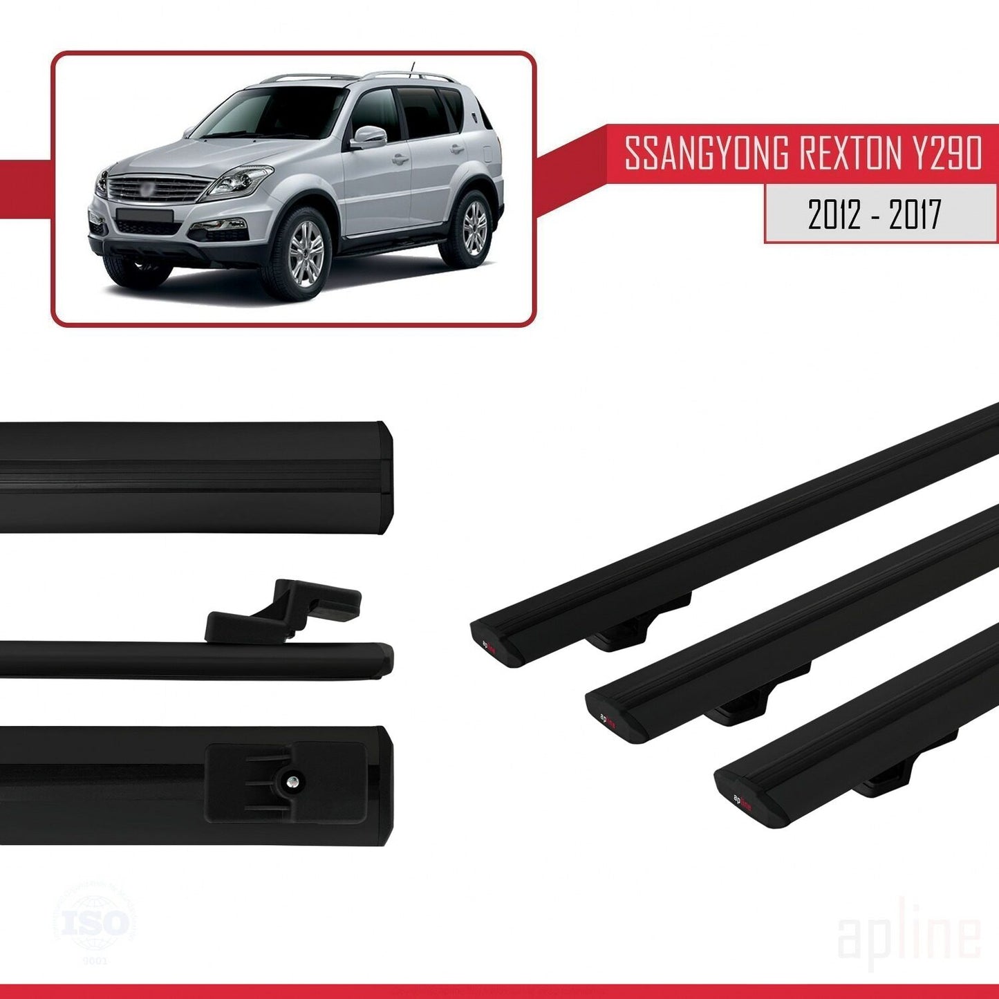 Compatible avec Ssangyong Rexton (Y290) 2012-2017 BASIC Model Barres de Toit Railing Porte-Bagages de Voiture Noir Aluminium 3 Barres