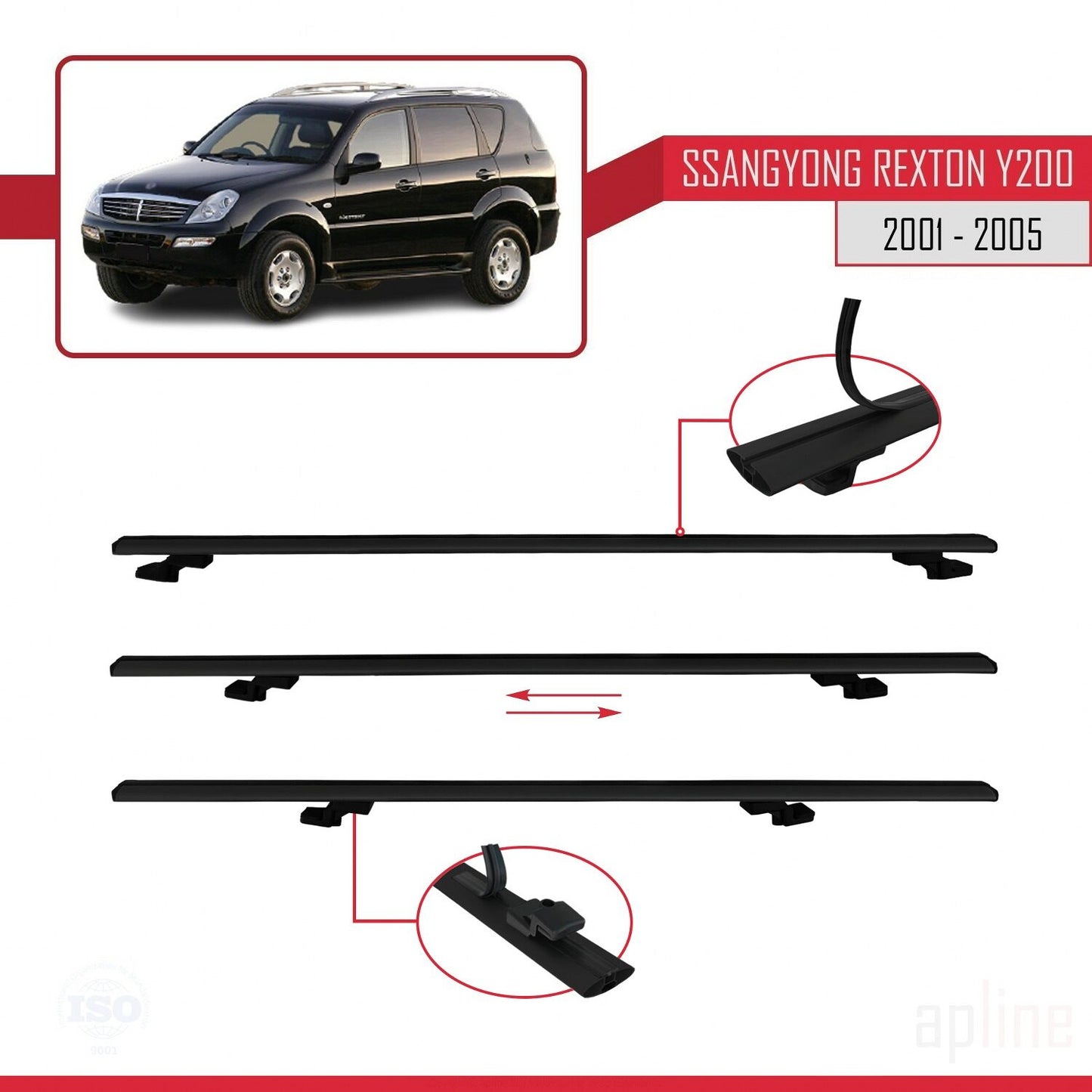 Compatible avec Ssangyong Rexton (Y200) 2001-2005 BASIC Model Barres de Toit Railing Porte-Bagages de Voiture Noir Aluminium 3 Barres