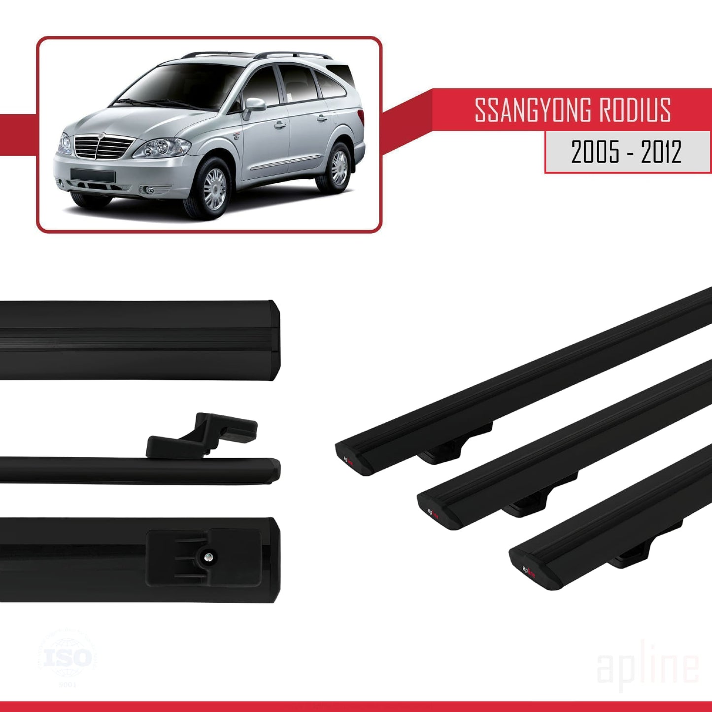 Compatible avec Ssangyong Rodius 2005-2012 BASIC Model Barres de Toit Railing Porte-Bagages de Voiture Noir Aluminium 3 Barres