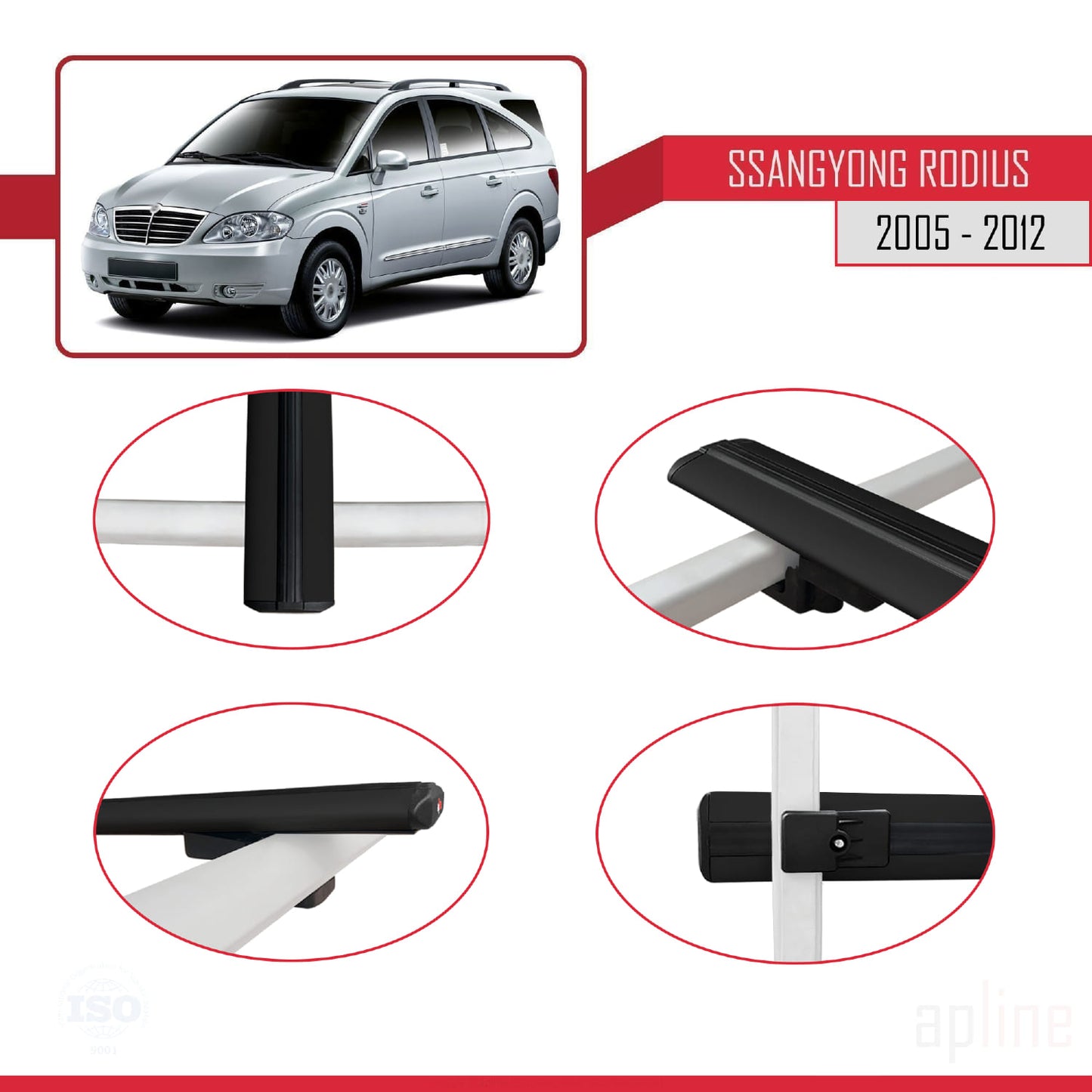 Compatible avec Ssangyong Rodius 2005-2012 BASIC Model Barres de Toit Railing Porte-Bagages de Voiture Noir Aluminium 3 Barres