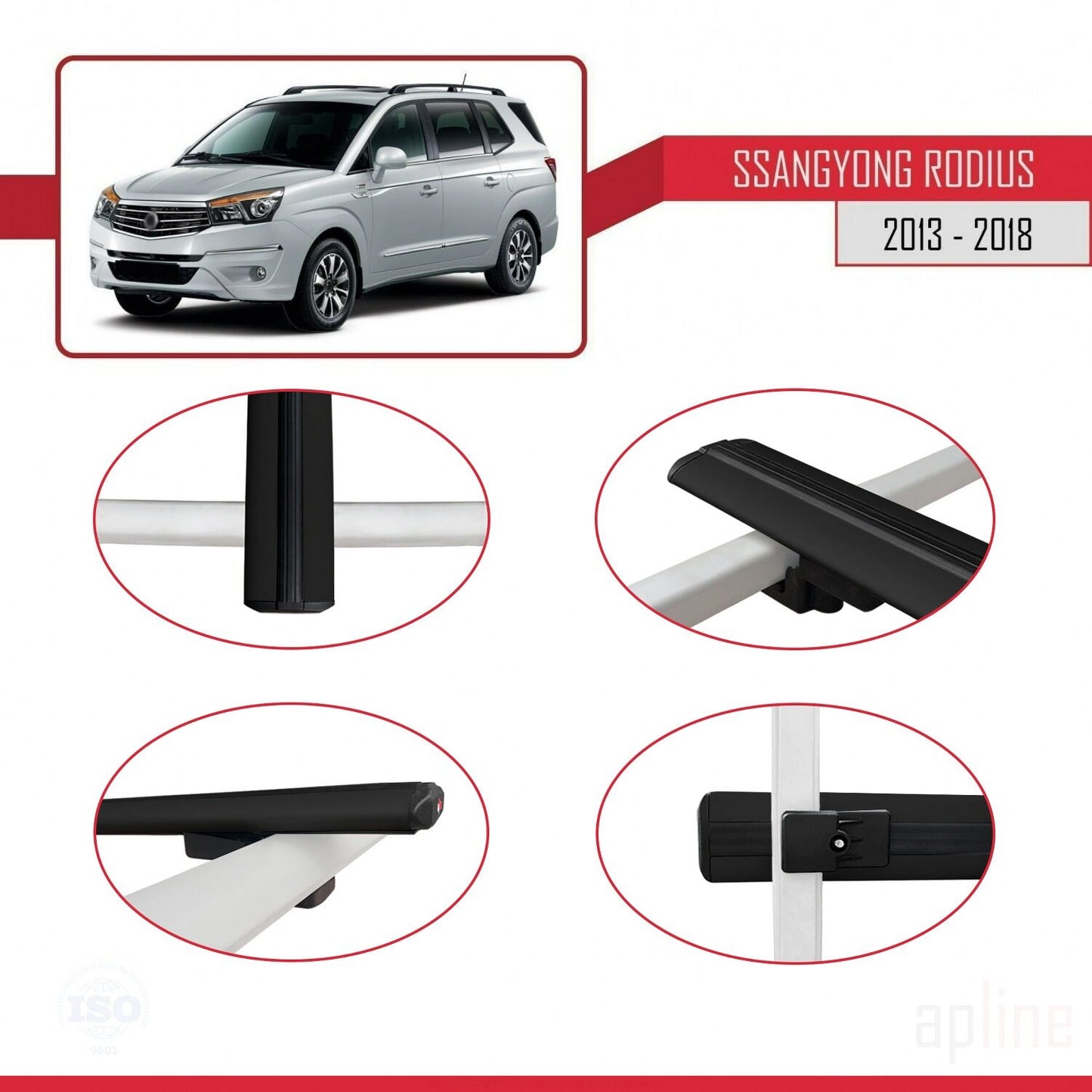 Compatible avec Ssangyong Rodius 2 2013-2018 BASIC Model Barres de Toit Railing Porte-Bagages de Voiture Noir Aluminium 3 Barres