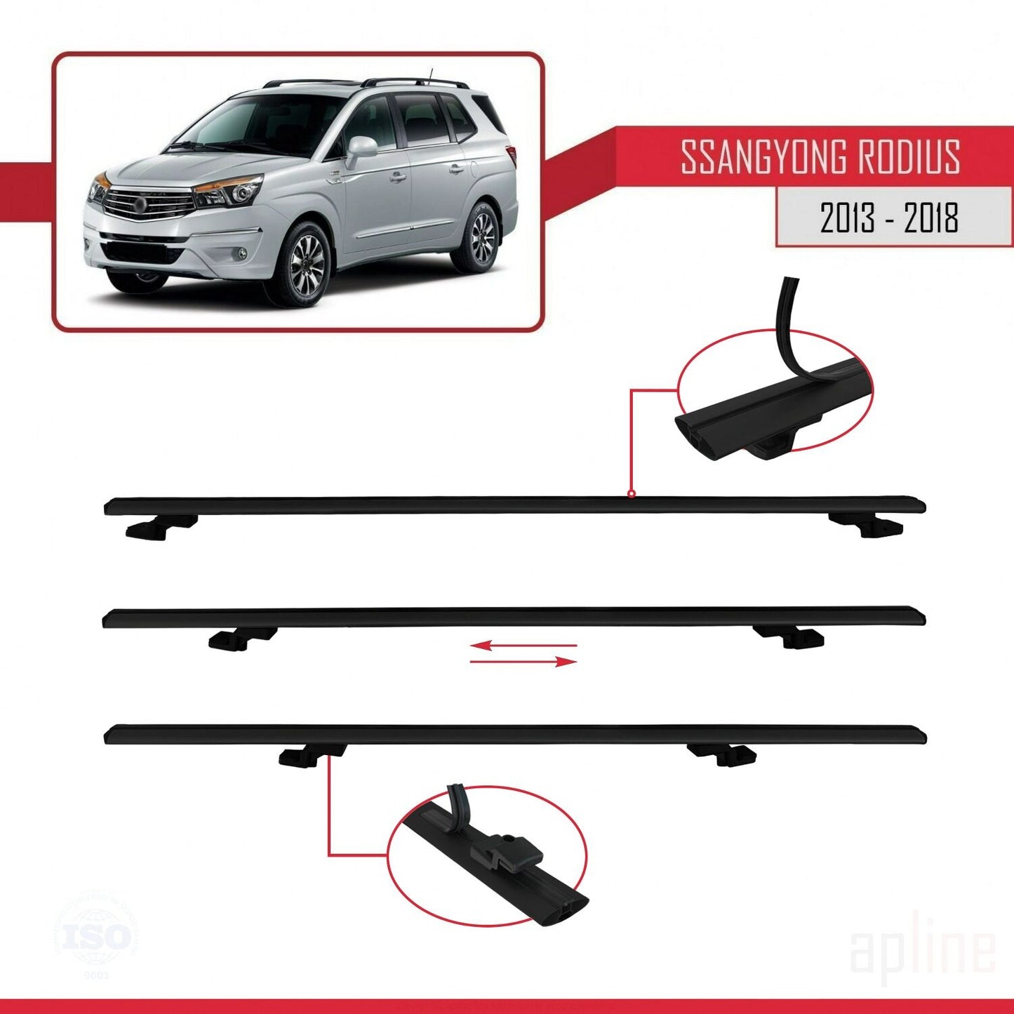 Compatible avec Ssangyong Rodius 2 2013-2018 BASIC Model Barres de Toit Railing Porte-Bagages de Voiture Noir Aluminium 2 Barres