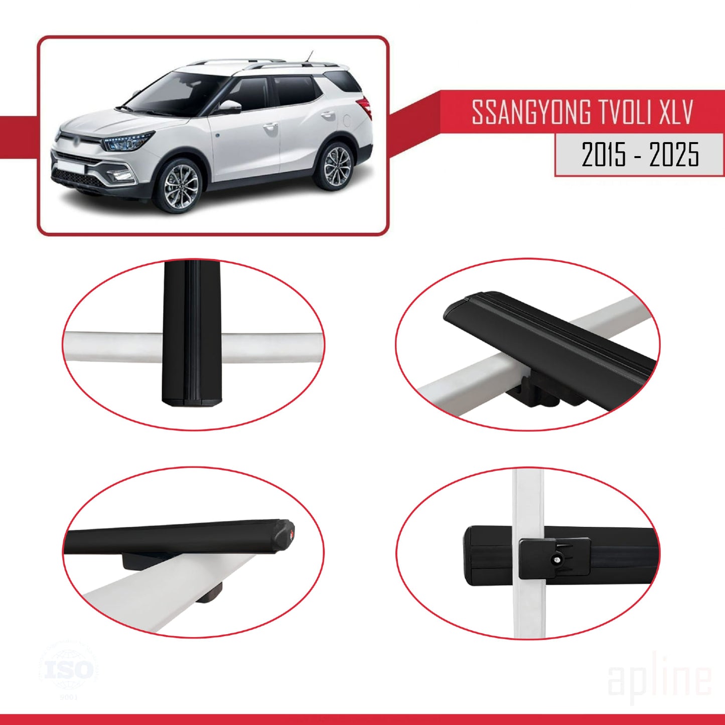 Compatible avec Ssangyong Tivoli XLV 2015-2025 BASIC Model Barres de Toit Railing Porte-Bagages de Voiture Noir Aluminium 2 Barres