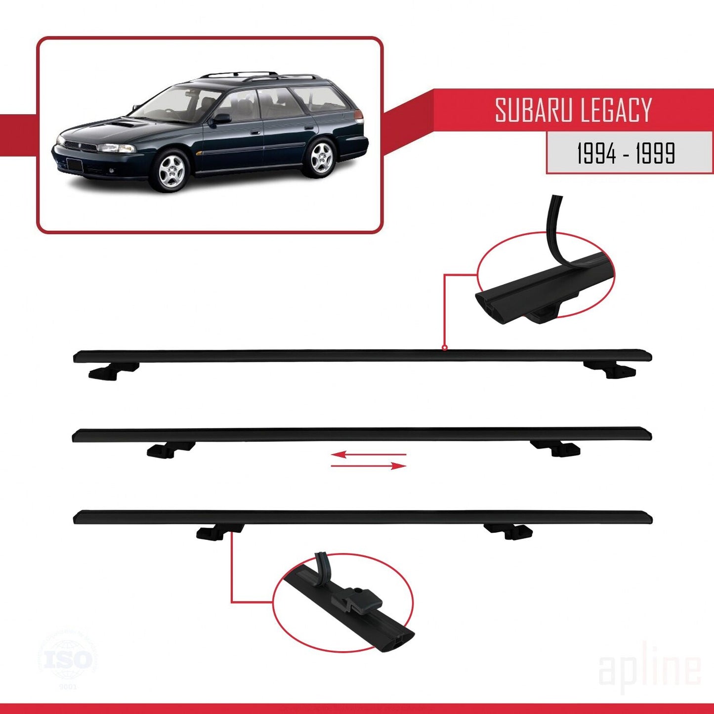 Compatible avec Subaru Legacy 2 (BD) 1994-1999 BASIC Model Barres de Toit Railing Porte-Bagages de Voiture Noir Aluminium 3 Barres