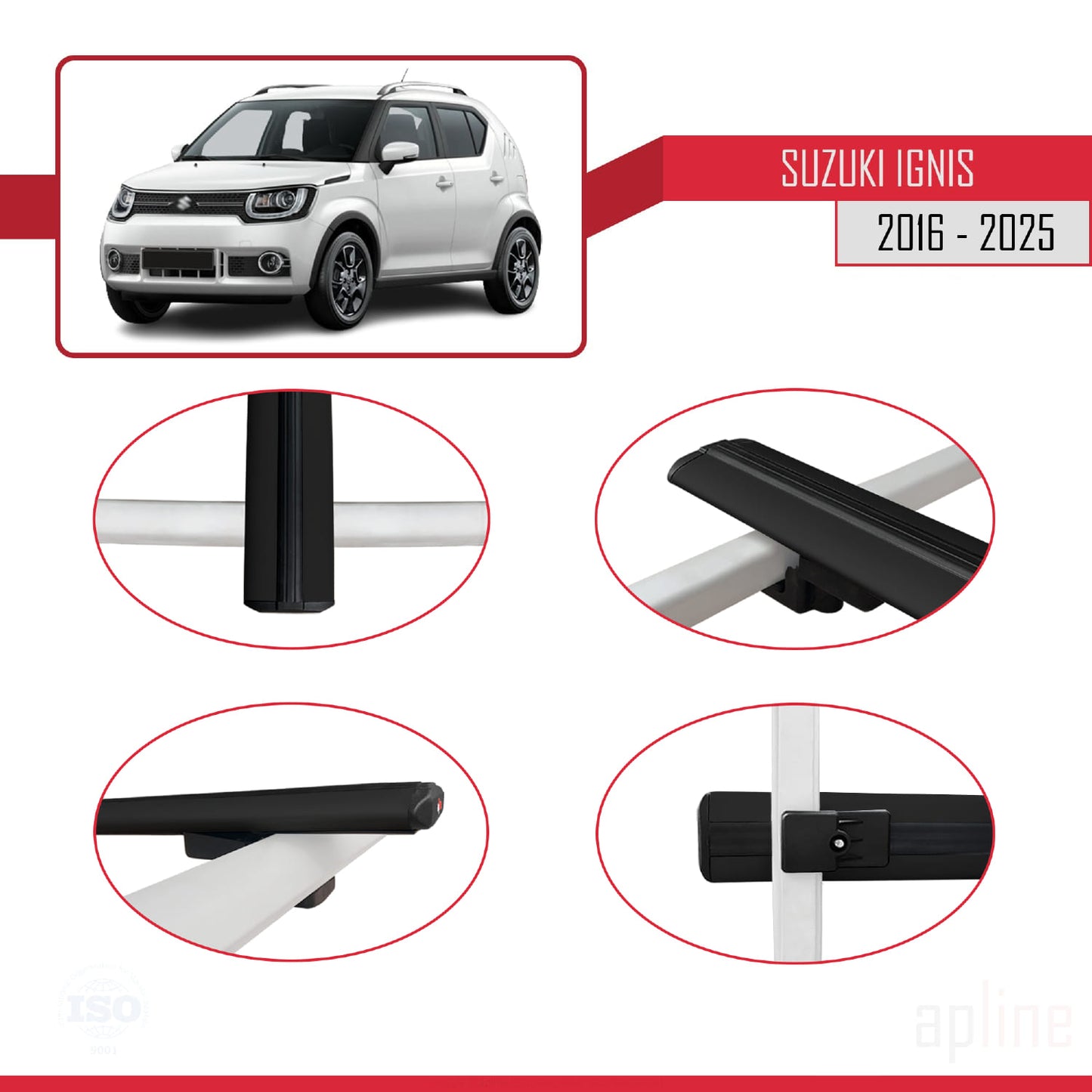Compatible avec Suzuki Ignıs 2016-2025 BASIC Model Barres de Toit Railing Porte-Bagages de Voiture Noir Aluminium 2 Barres
