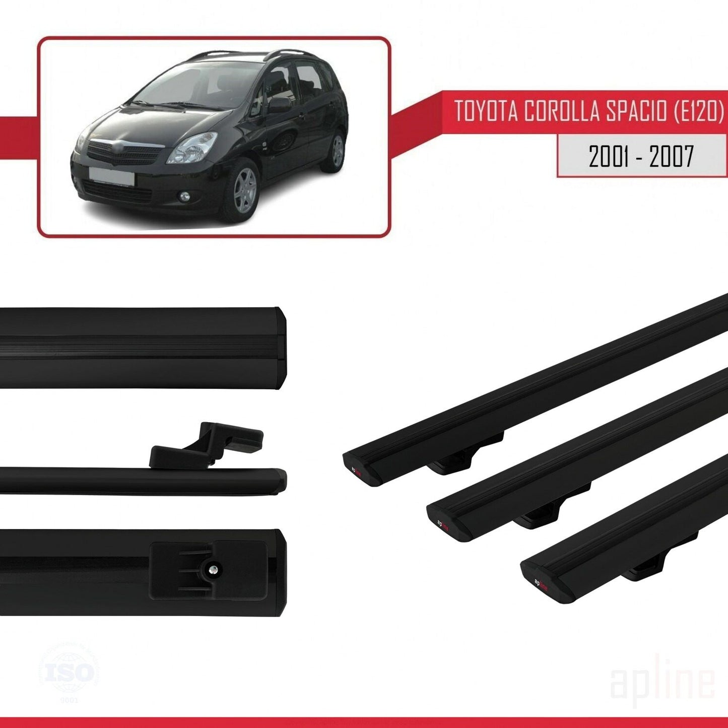 Compatible avec Toyota Corolla Spacio 2 (E120) 2001-2007 BASIC Model Barres de Toit Railing Porte-Bagages de Voiture Noir Aluminium 3 Barres
