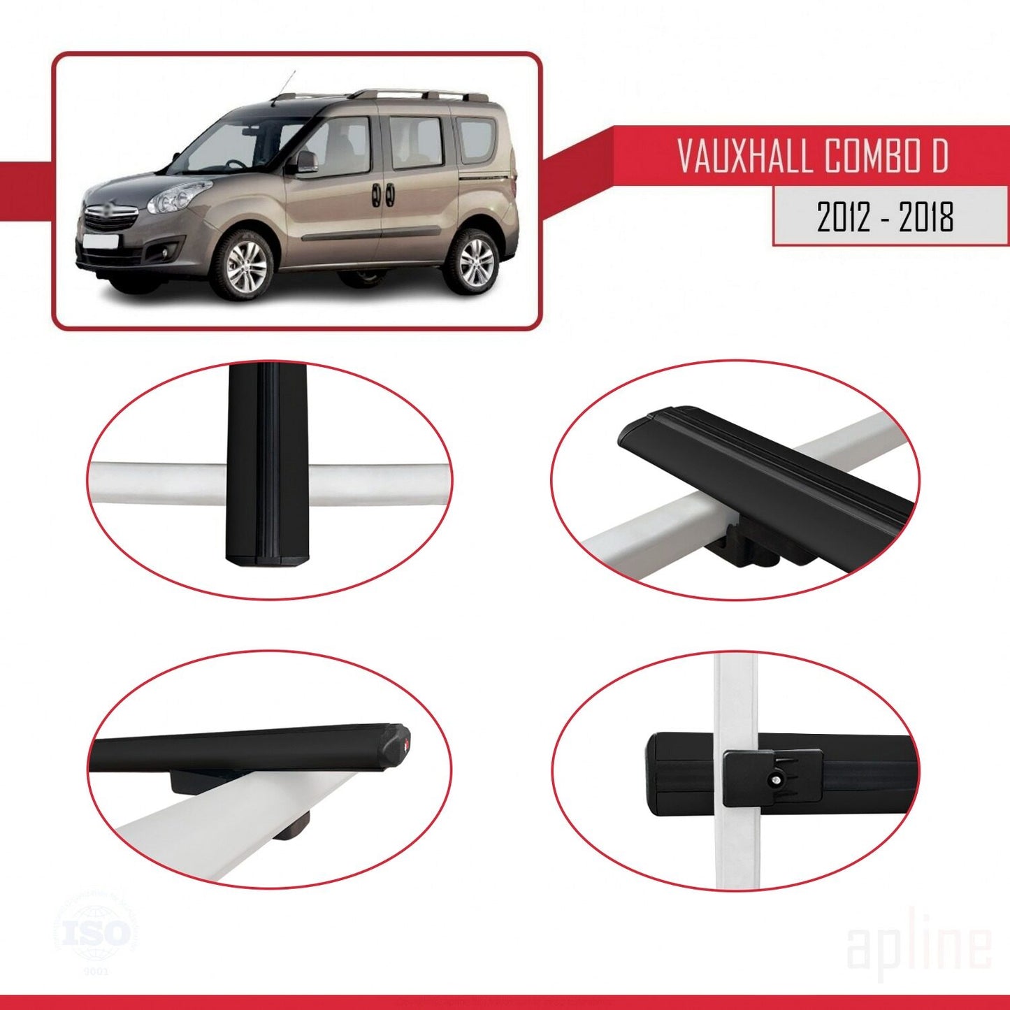 Compatible avec Vauxhall Combo D 2012-2018 BASIC Model Barres de Toit Railing Porte-Bagages de Voiture Noir Aluminium 3 Barres
