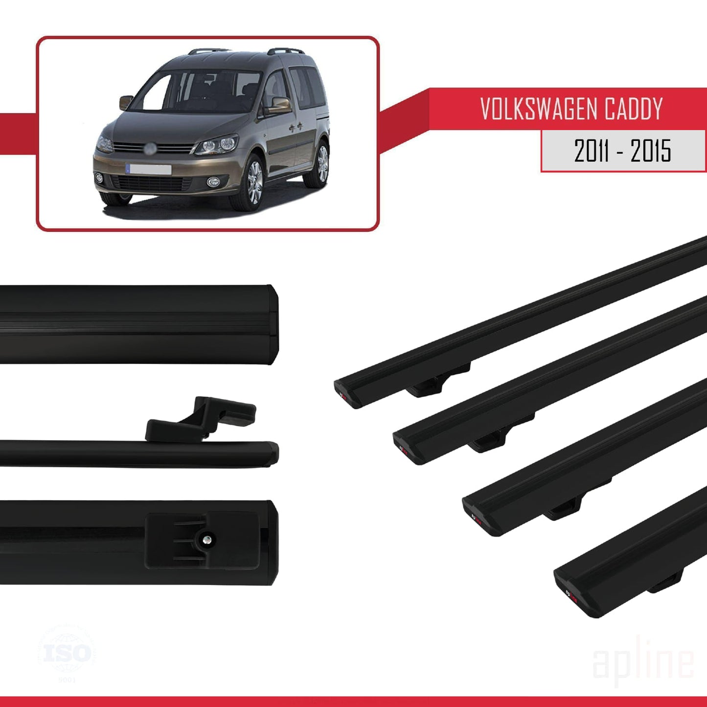 Compatible avec Volkswagen Caddy 3 (2K) 2011-2015 BASIC Model Barres de Toit Railing Porte-Bagages de Voiture Noir Aluminium 4 Barres