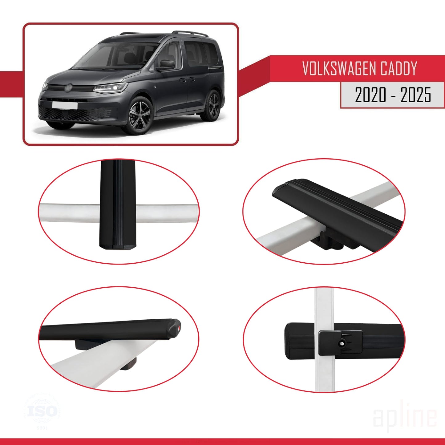 Compatible avec Volkswagen Caddy 4 (SB) 2020-2025 BASIC Model Barres de Toit Railing Porte-Bagages de Voiture Noir Aluminium 2 Barres
