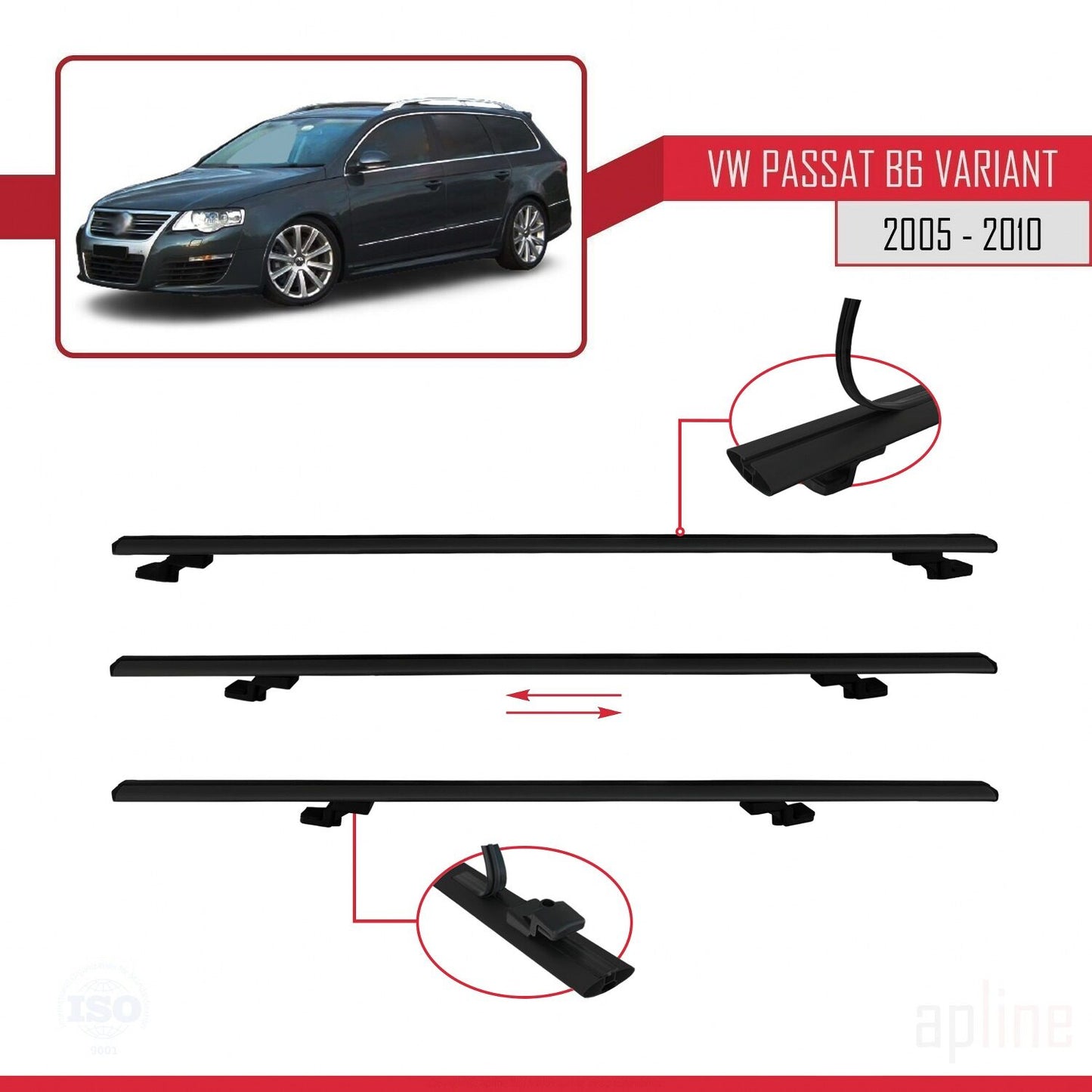 Compatible avec Volkswagen Passat B6 (3C) Variant 2005-2010 BASIC Model Barres de Toit Railing Porte-Bagages de Voiture Noir Aluminium 3 Barres