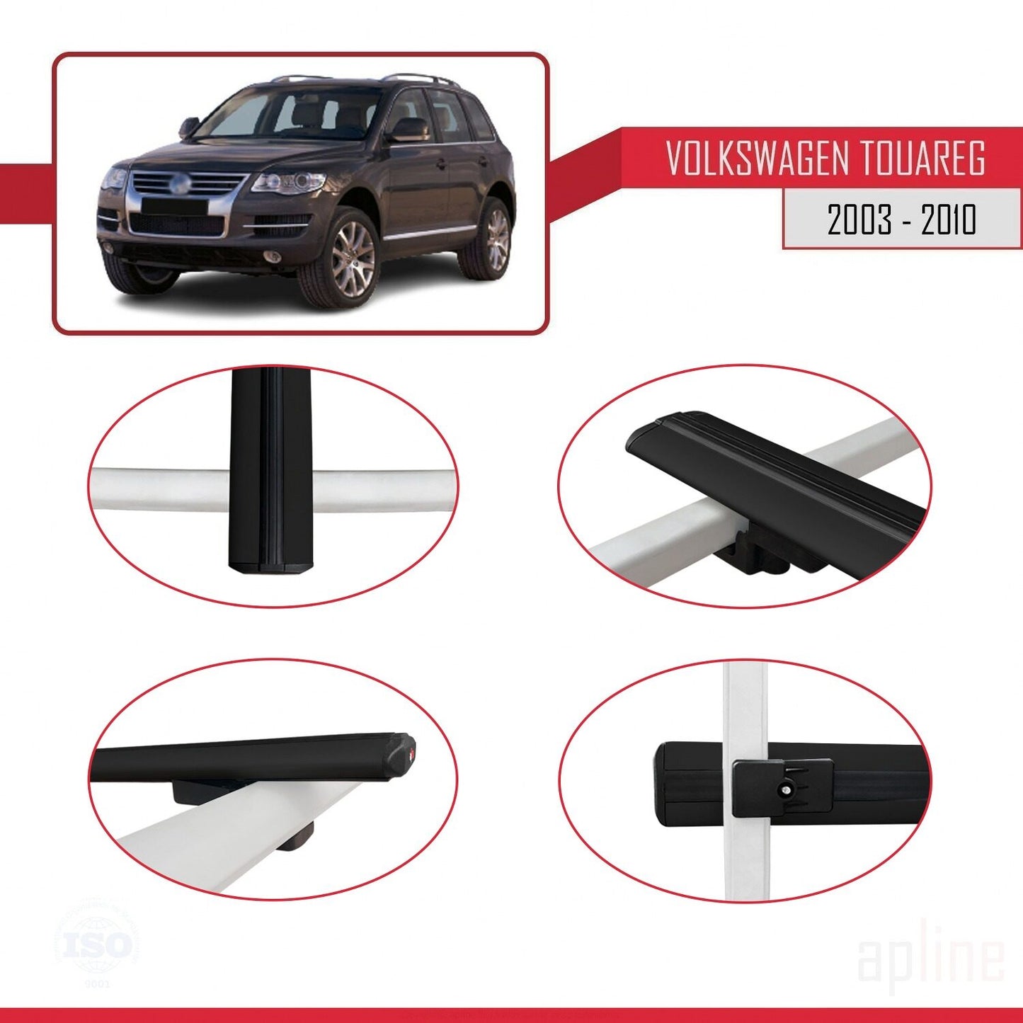 Compatible avec Volkswagen Touareg (7L) 2002-2010 BASIC Model Barres de Toit Railing Porte-Bagages de Voiture Noir Aluminium 2 Barres
