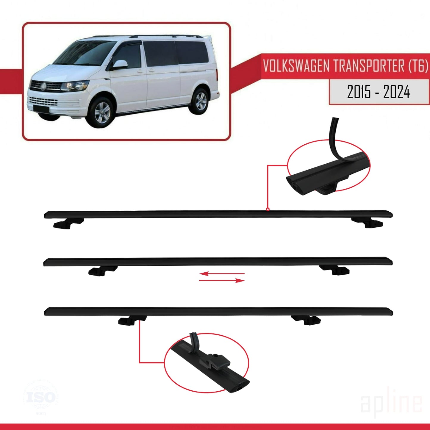 Compatible avec Volkswagen T6 Transporter 2015-2024 BASIC Model Barres de Toit Railing Porte-Bagages de Voiture Noir Aluminium 3 Barres