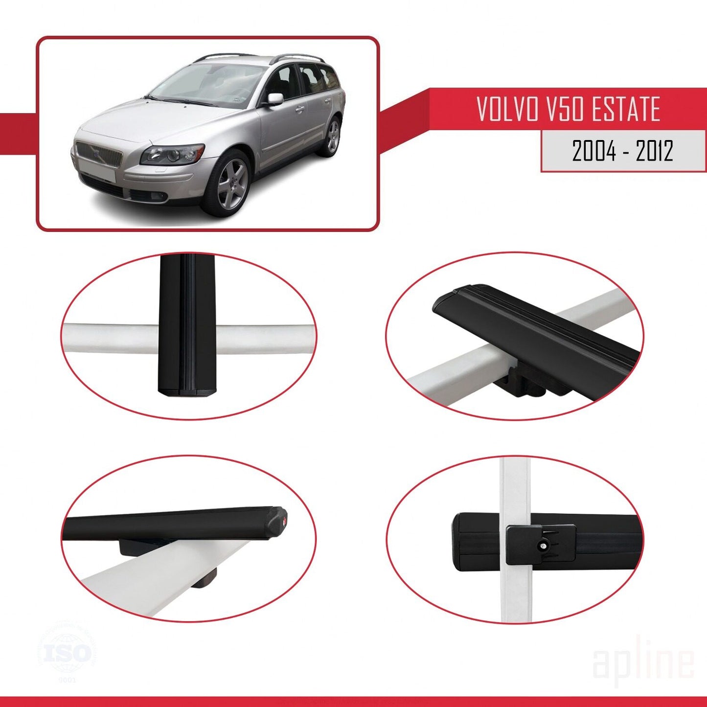 Compatible avec Volvo V50 2004-2012 BASIC Model Barres de Toit Railing Porte-Bagages de Voiture Noir Aluminium 2 Barres
