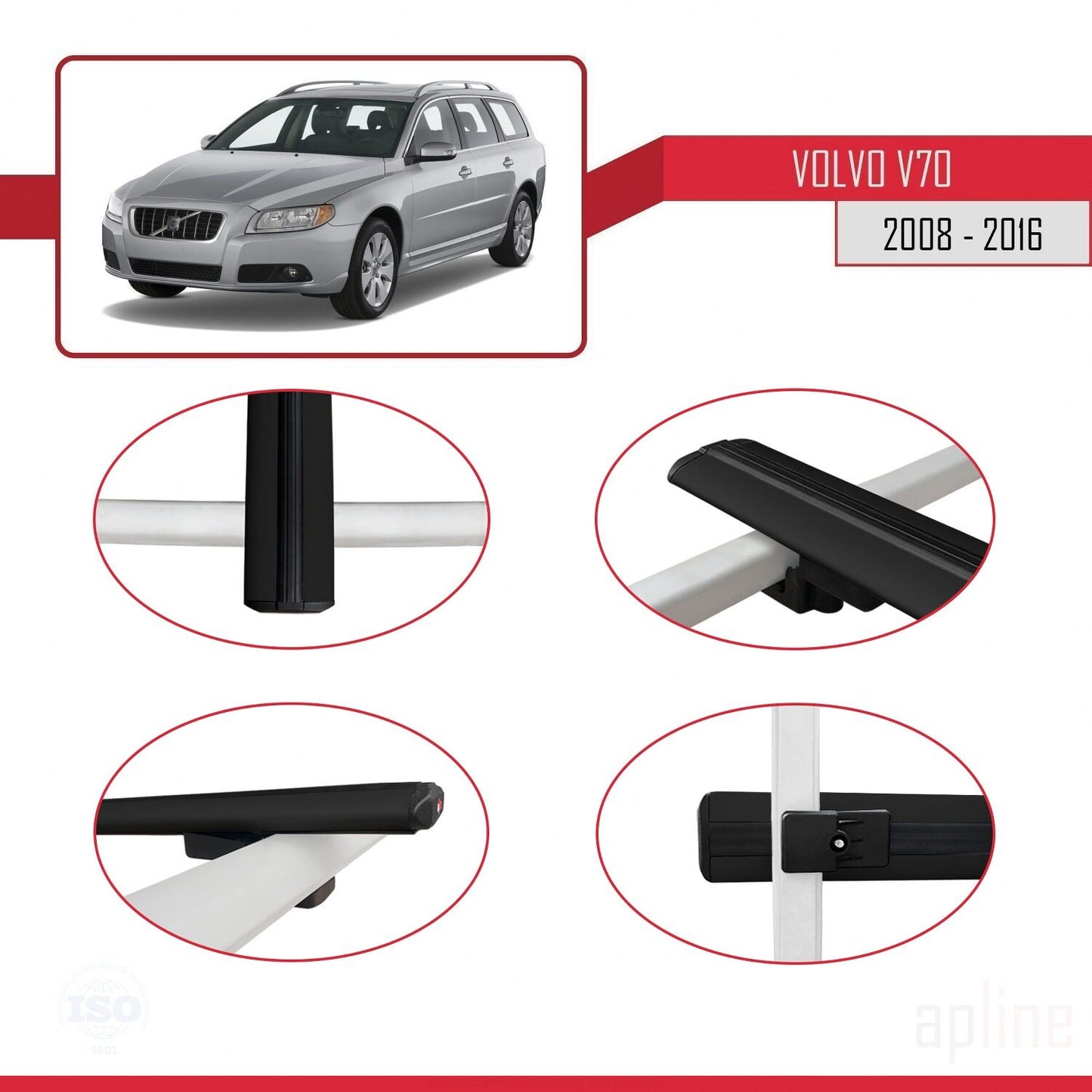 Compatible avec Volvo V70 III 2008-2016 BASIC Model Barres de Toit Railing Porte-Bagages de Voiture Noir Aluminium 3 Barres