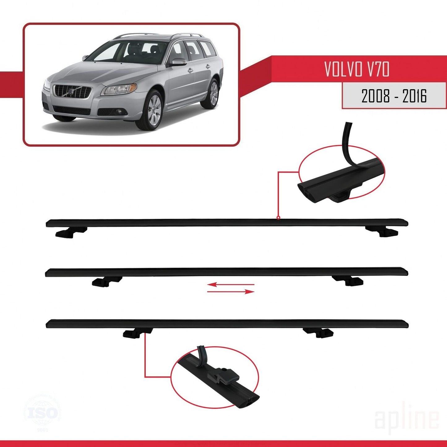 Compatible avec Volvo V70 III 2008-2016 BASIC Model Barres de Toit Railing Porte-Bagages de Voiture Noir Aluminium 3 Barres