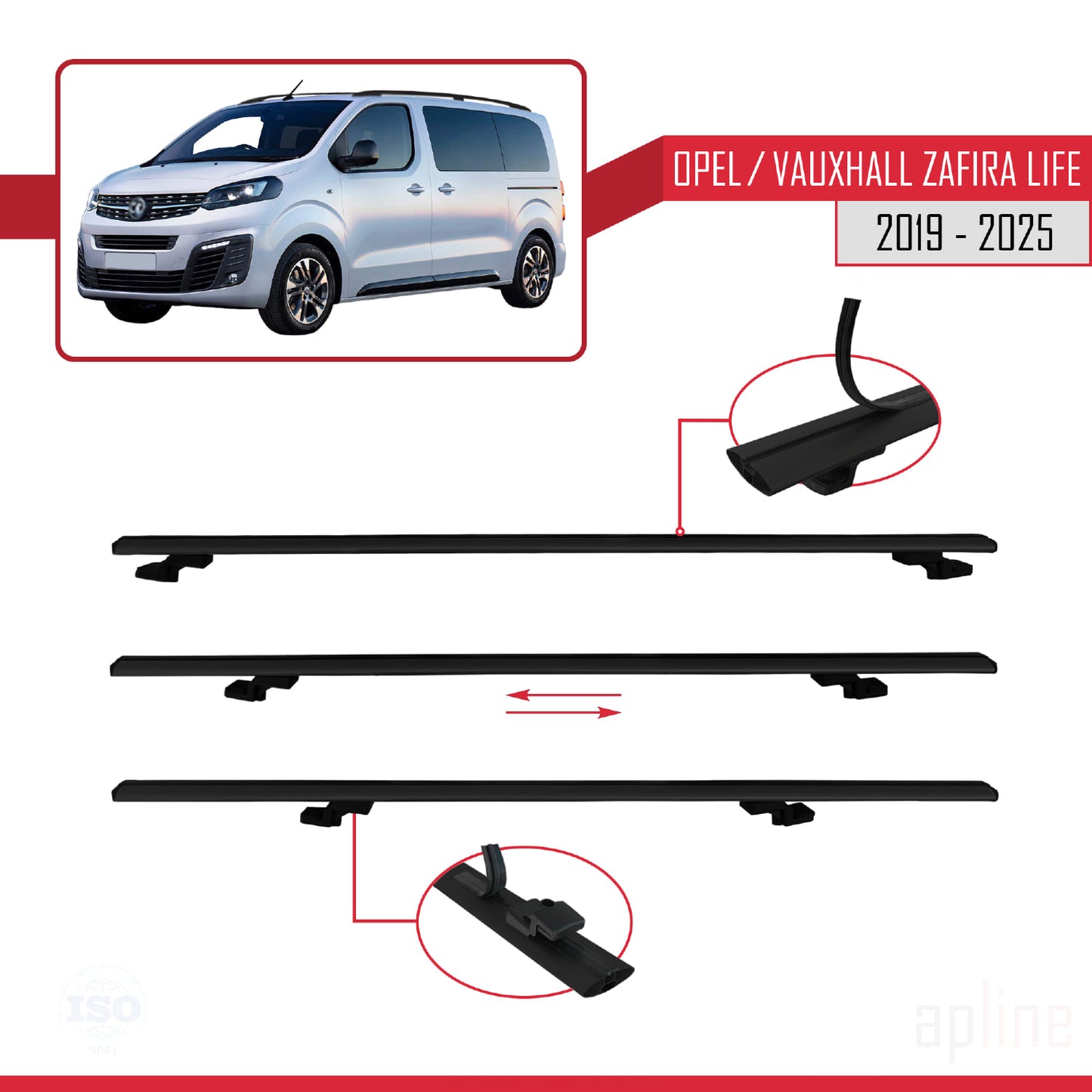 Compatible avec Opel Zafira Life 2019-2025 BASIC Model Barres de Toit Railing Porte-Bagages de Voiture Noir Aluminium 3 Barres