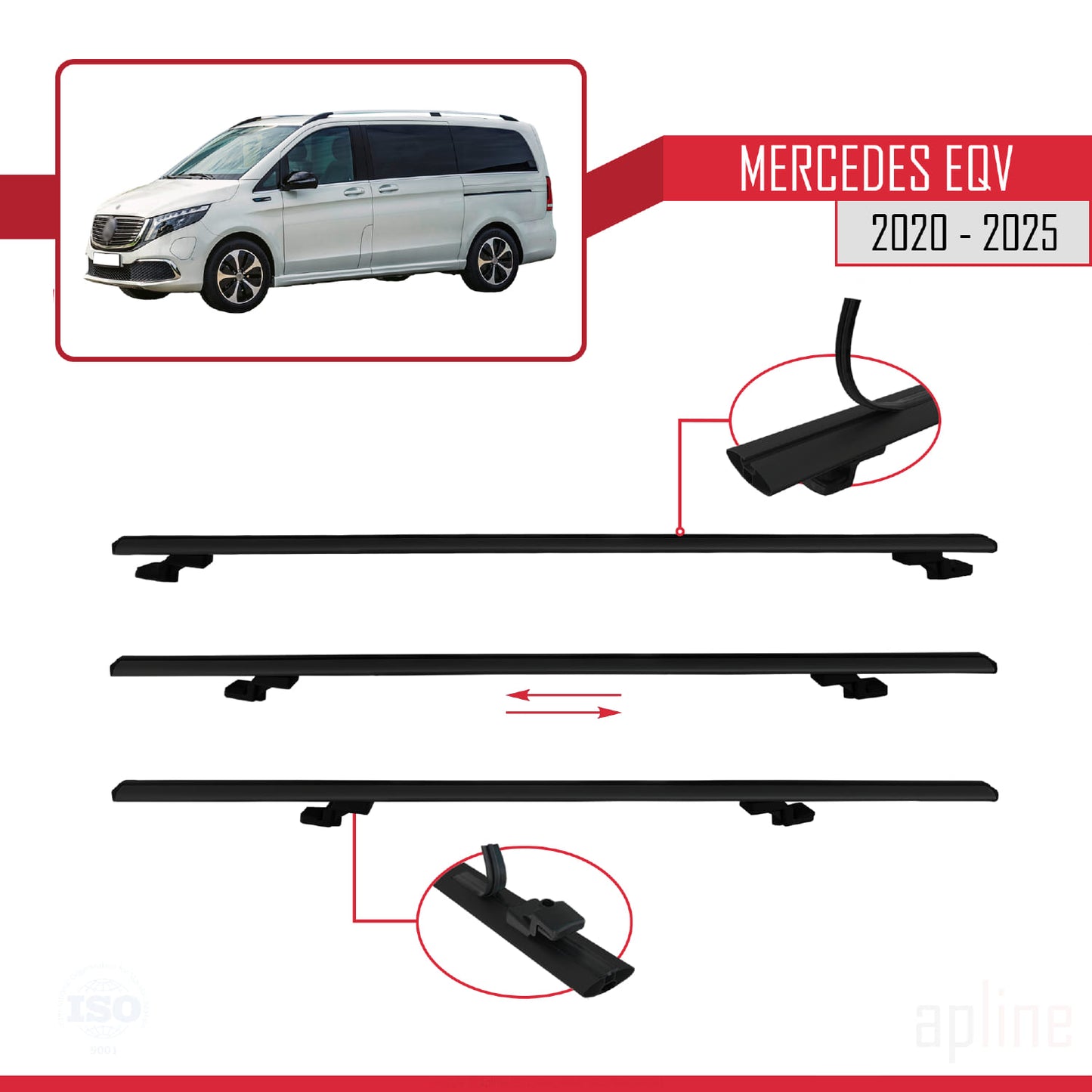 Compatible avec Mercedes EQV (W447) 2020-2025 BASIC Model Barres de Toit Railing Porte-Bagages de Voiture Noir Aluminium 3 Barres