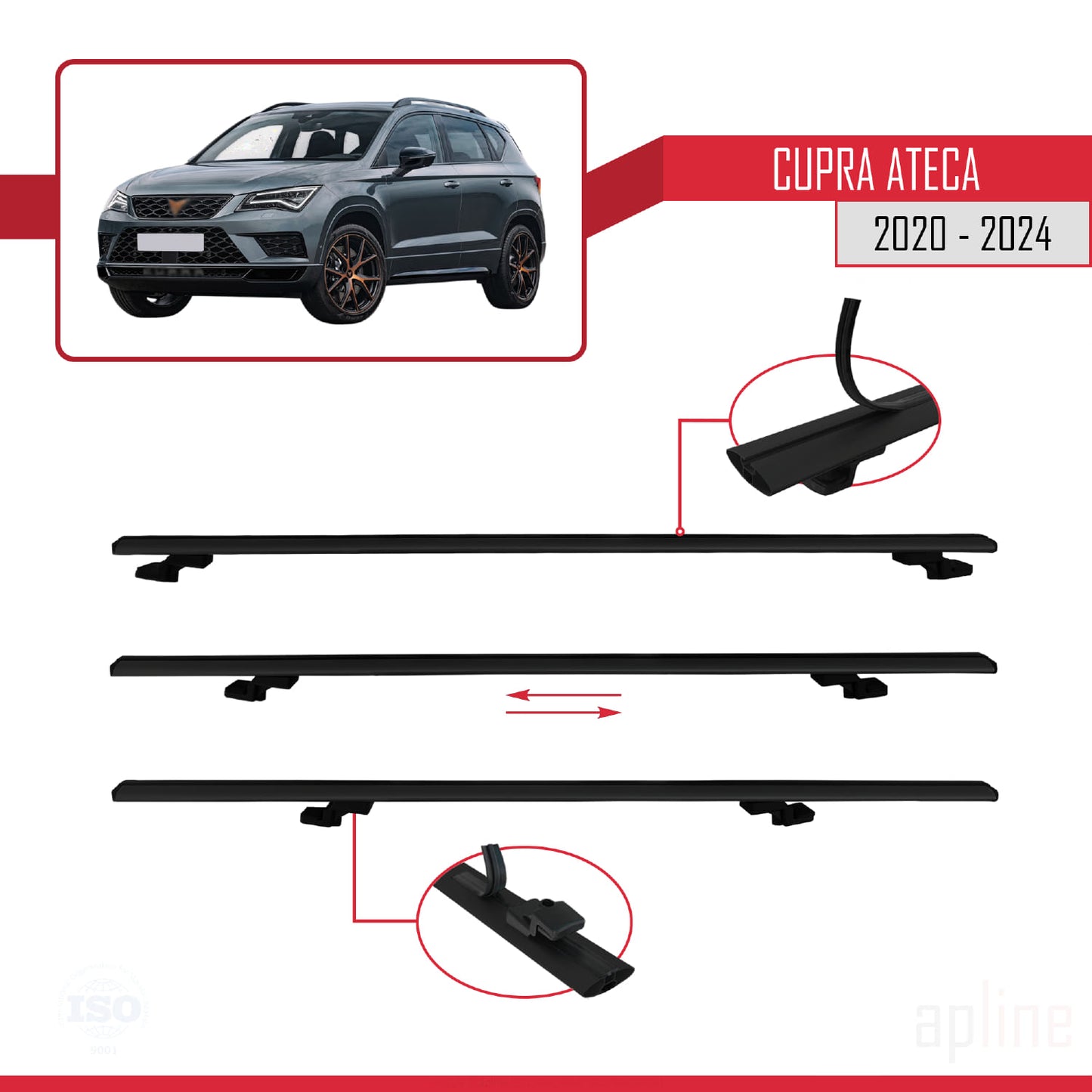 Compatible avec Cupra Ateca 2020-2024 BASIC Model Barres de Toit Railing Porte-Bagages de Voiture Noir Aluminium 3 Barres