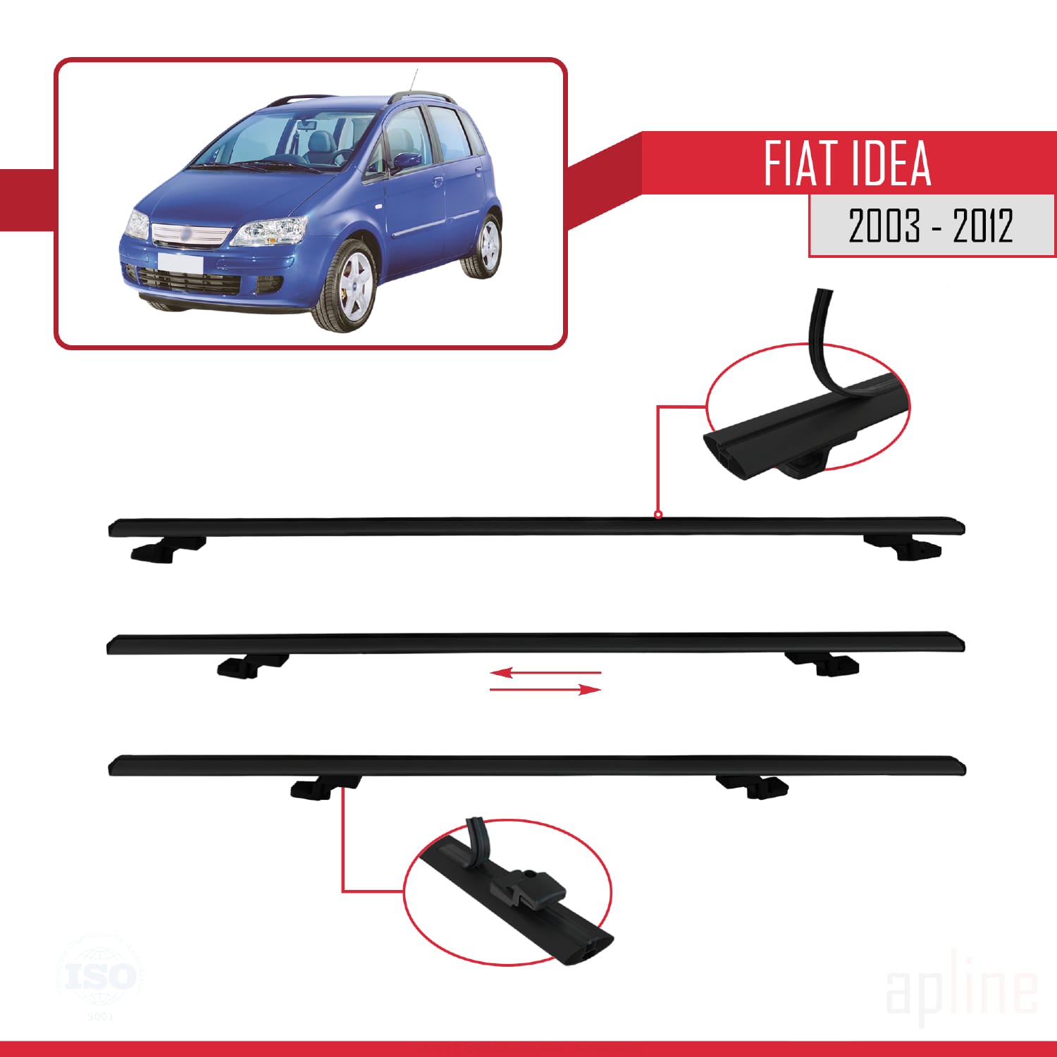 Compatible avec Fiat Idea 2003-2012 BASIC Model Barres de Toit Railing Porte-Bagages de Voiture Noir Aluminium 2 Barres