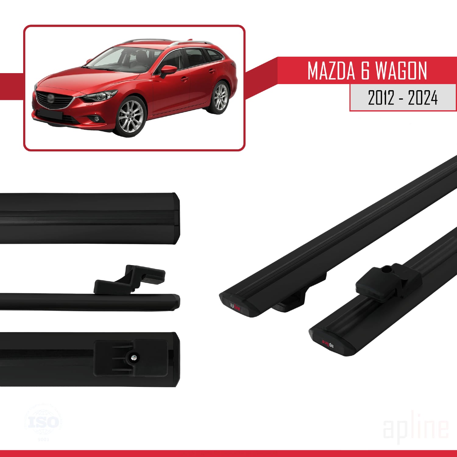 Compatible avec Mazda 6 Wagon 2012-2024 BASIC Model Barres de Toit Railing Porte-Bagages de Voiture Noir Aluminium 2 Barres