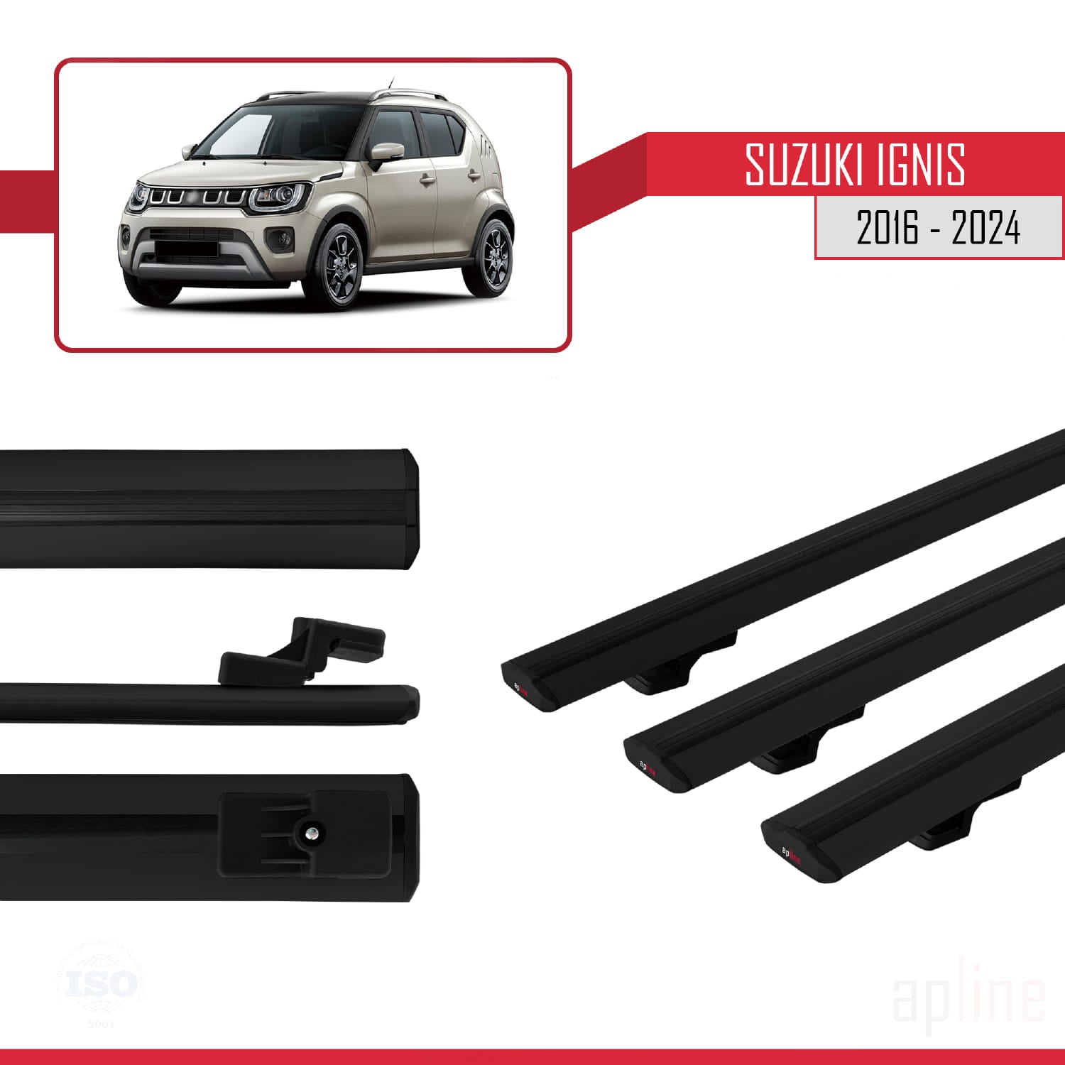 Compatible avec Suzuki Ignis 2016-2024 BASIC Model Barres de Toit Railing Porte-Bagages de Voiture Noir Aluminium 3 Barres