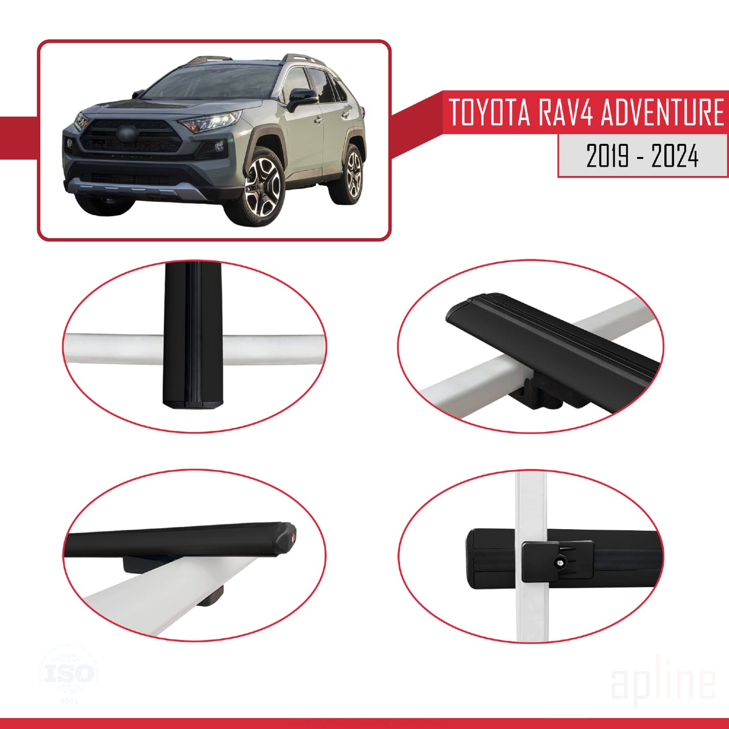 Compatible avec Toyota RAV4 Adventure 2019-2024 BASIC Model Barres de Toit Railing Porte-Bagages de Voiture Noir Aluminium 3 Barres