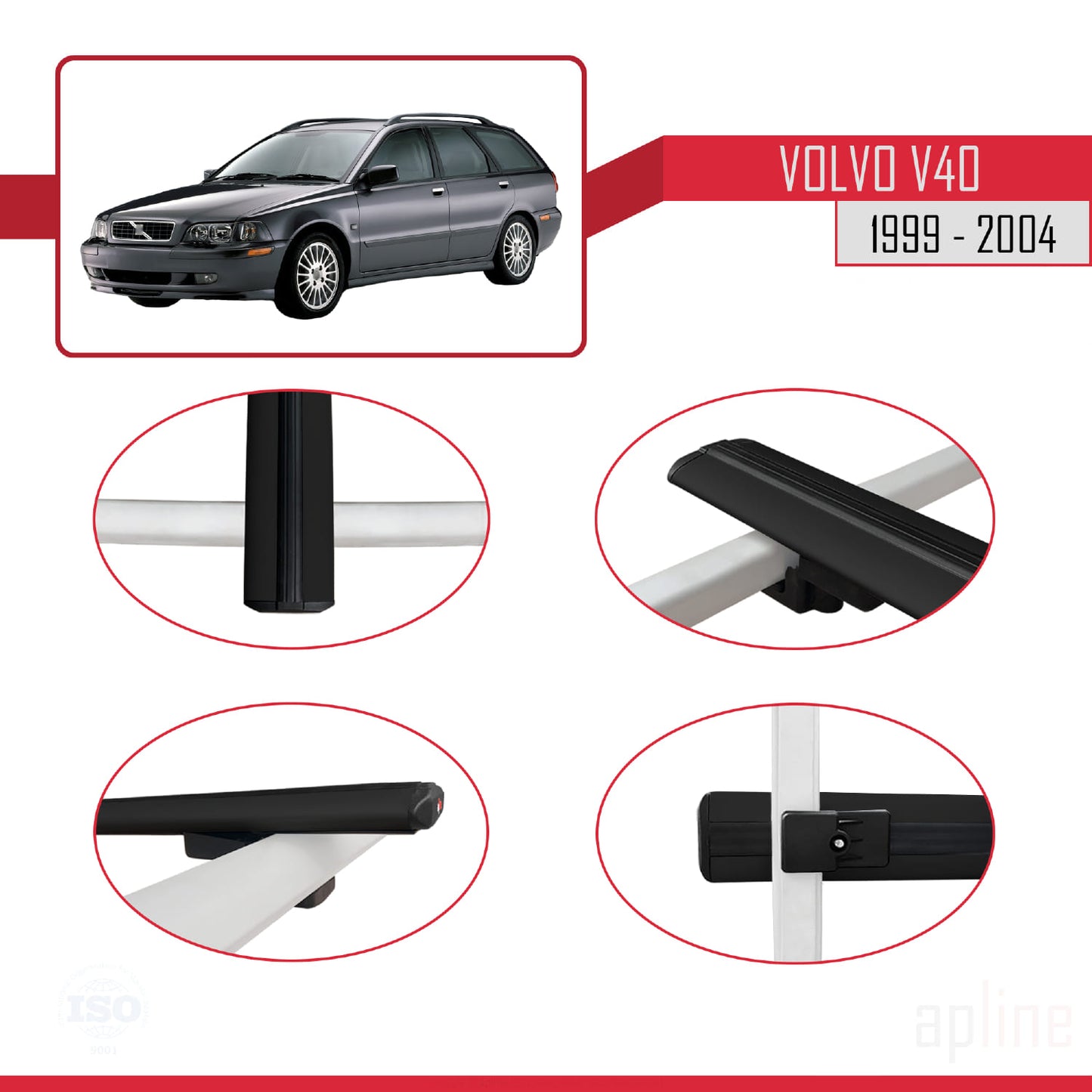 Compatible avec Volvo V40 1999-2004 BASIC Model Barres de Toit Railing Porte-Bagages de Voiture Noir Aluminium 3 Barres