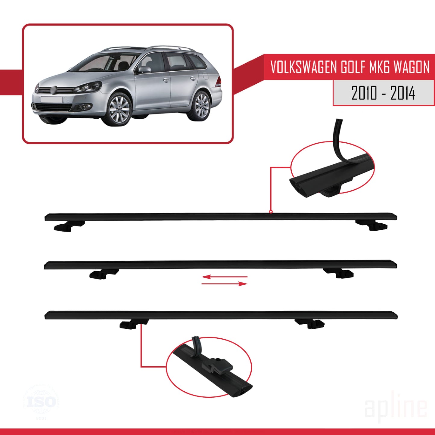 Compatible avec VW Golf Mk6 Wagon 2010-2014 BASIC Model Barres de Toit Railing Porte-Bagages de Voiture Noir Aluminium 3 Barres