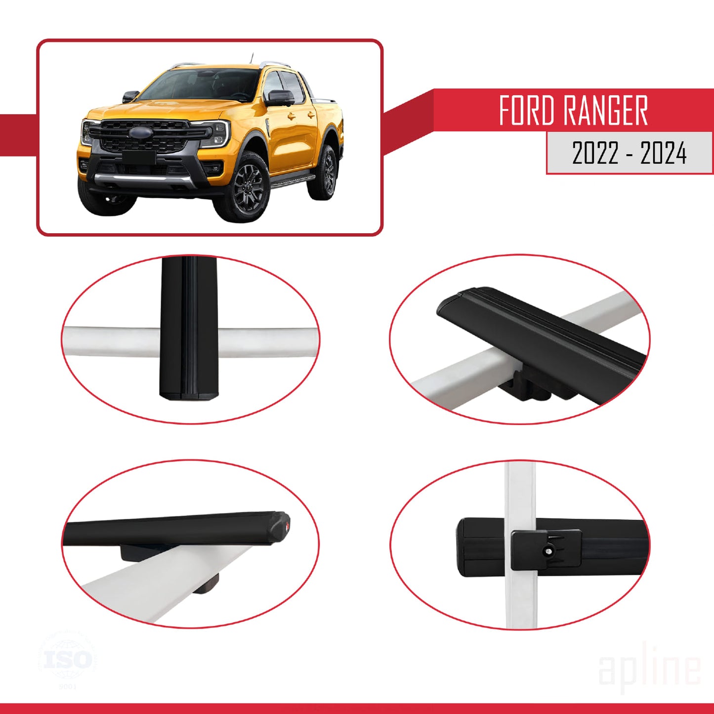 Compatible avec Ford Ranger (P703) 2022-2024 BASIC Model Barres de Toit Railing Porte-Bagages de Voiture Noir Aluminium 3 Barres