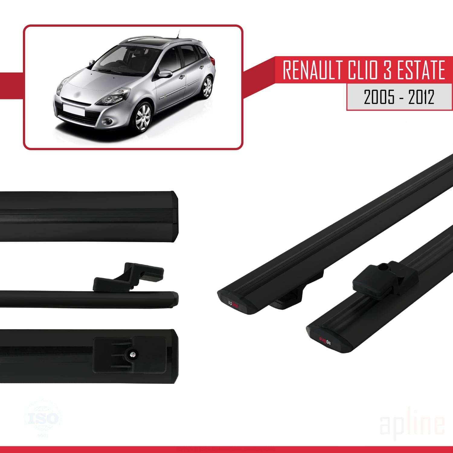 Compatible avec Renault Clio 3 Estate 2005-2012 BASIC Model Barres de Toit Railing Porte-Bagages de Voiture Noir Aluminium 2 Barres