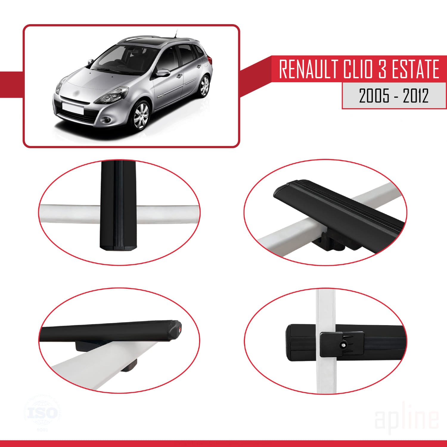 Compatible avec Renault Clio 3 Estate 2005-2012 BASIC Model Barres de Toit Railing Porte-Bagages de Voiture Noir Aluminium 2 Barres