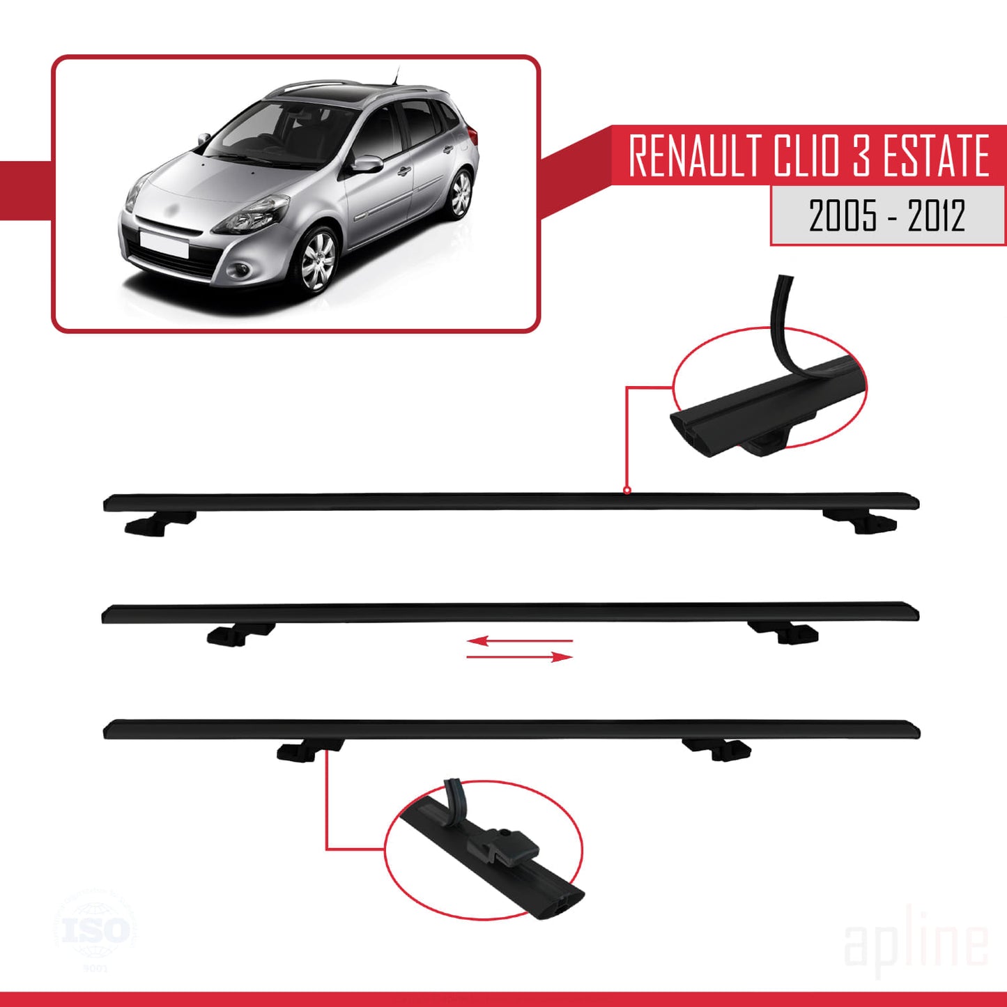 Compatible avec Renault Clio 3 Estate 2005-2012 BASIC Model Barres de Toit Railing Porte-Bagages de Voiture Noir Aluminium 2 Barres