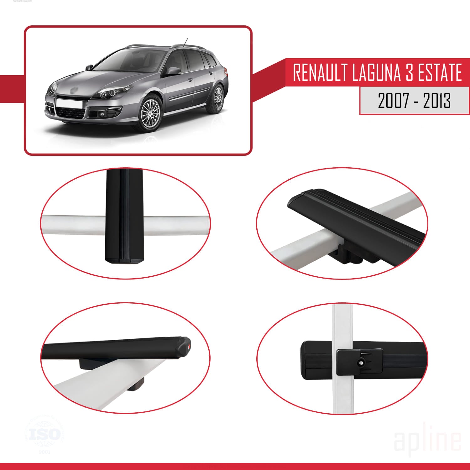 Compatible avec Renault Laguna 3 Estate 2007-2013 BASIC Model Barres de Toit Railing Porte-Bagages de Voiture Noir Aluminium 2 Barres