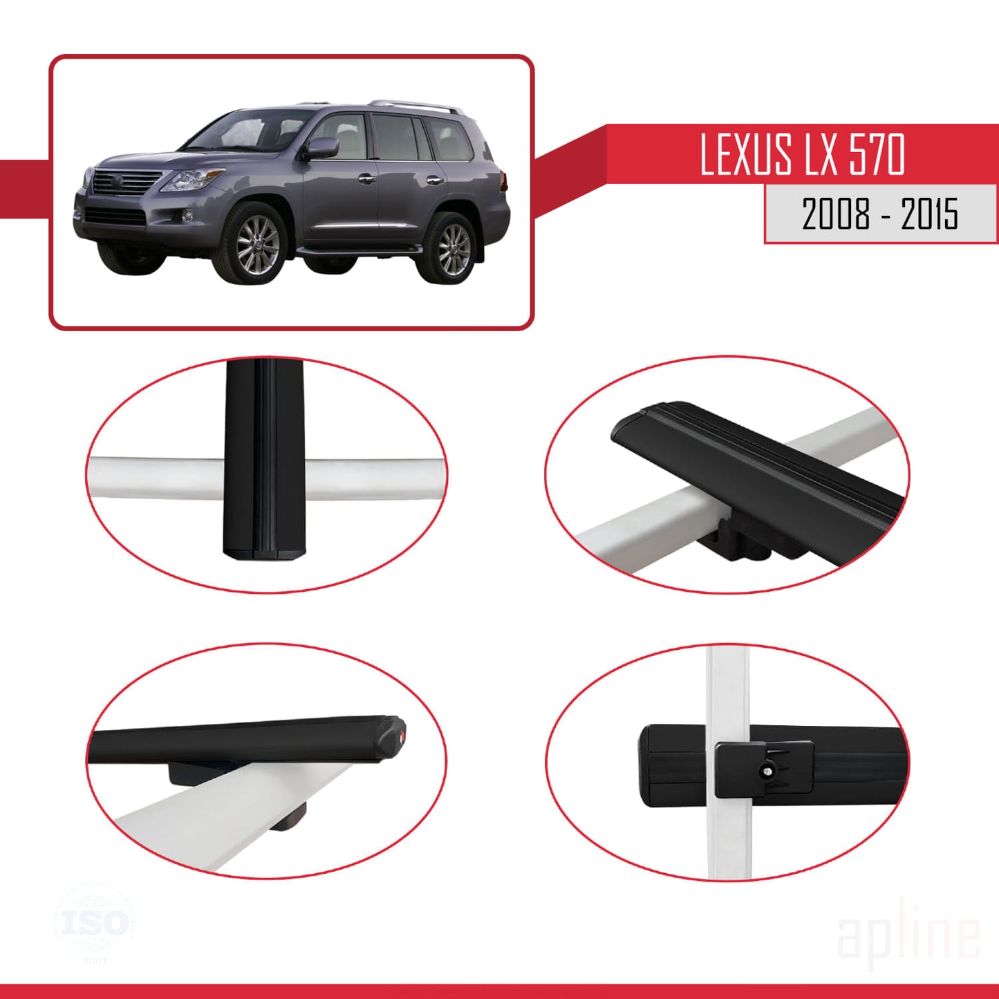 Compatible avec Lexus LX 570 2008-2015 BASIC Model Barres de Toit Railing Porte-Bagages de Voiture Noir Aluminium 3 Barres