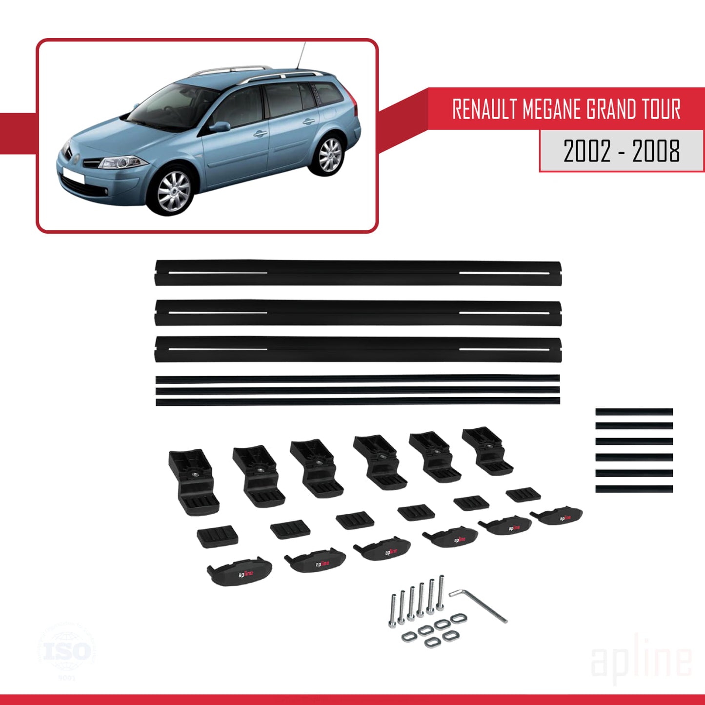 Compatible avec Renault Megane Grand Tour 2002-2008 BASIC Model Barres de Toit Railing Porte-Bagages de Voiture Noir Aluminium 3 Barres
