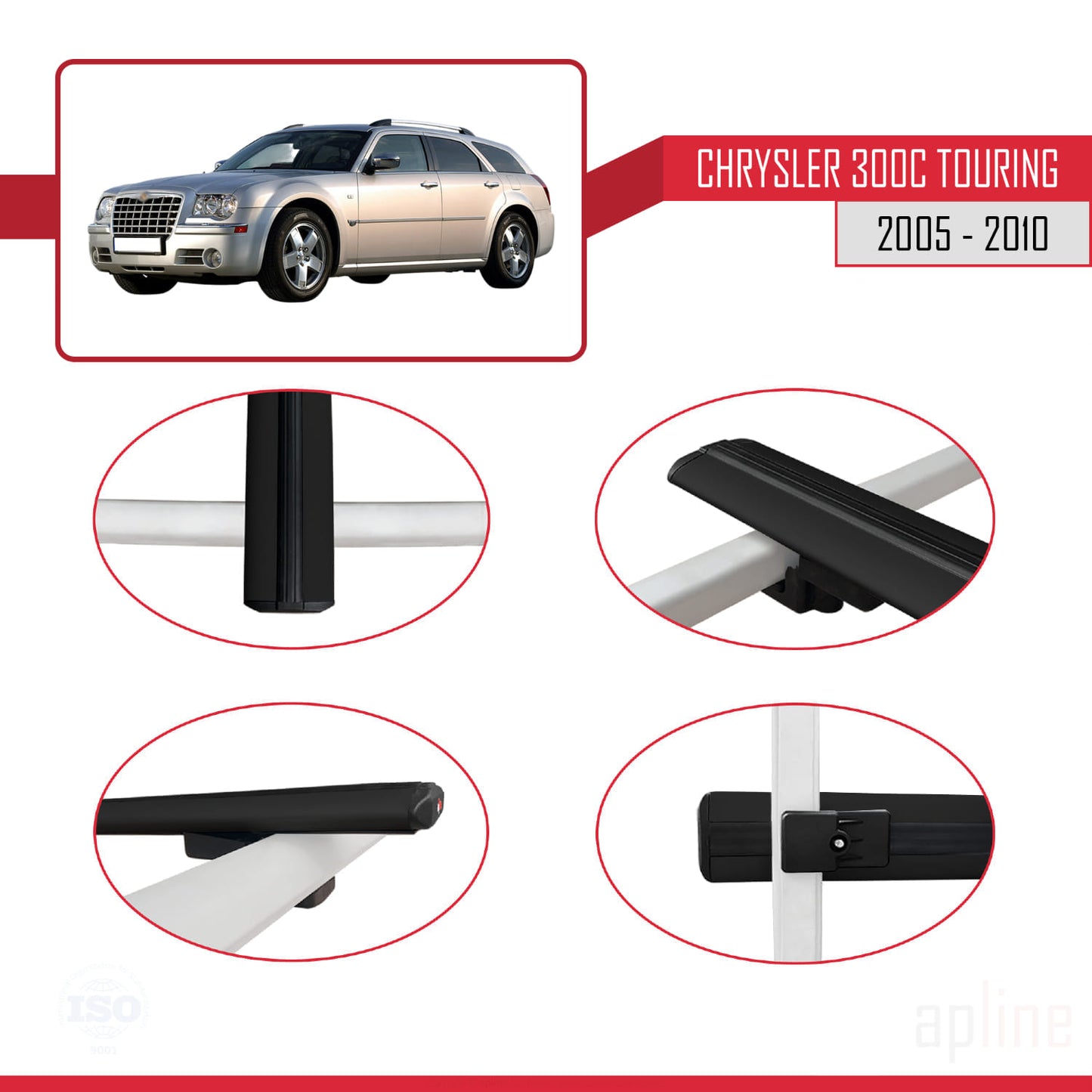 Compatible avec Chrysler 300C Touring 2005-2010 BASIC Model Barres de Toit Railing Porte-Bagages de Voiture Noir Aluminium 2 Barres