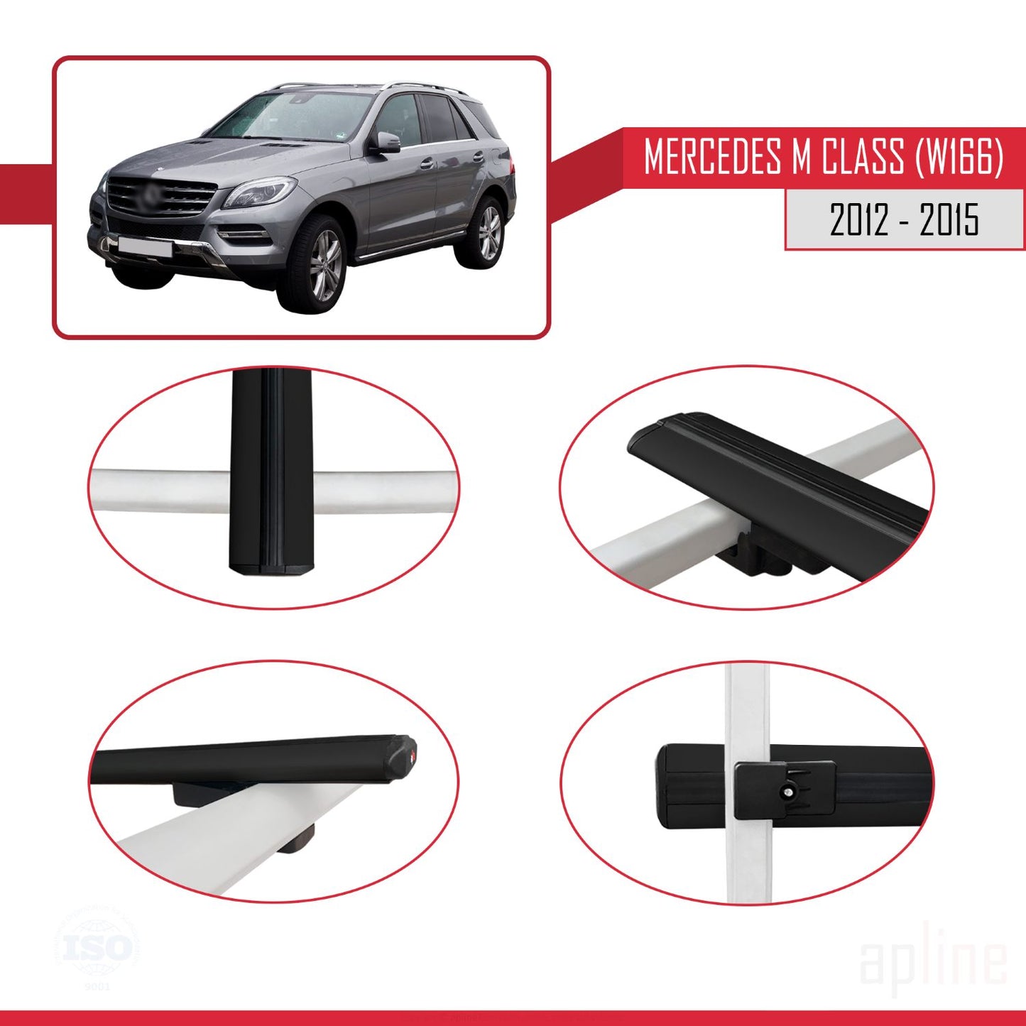 Compatible with Mercedes M Class 3 (W166) Pre-Facelift 2012-2015 BASIC Model Car Roof Rack Cross Bar Black Aluminium 3 Bars