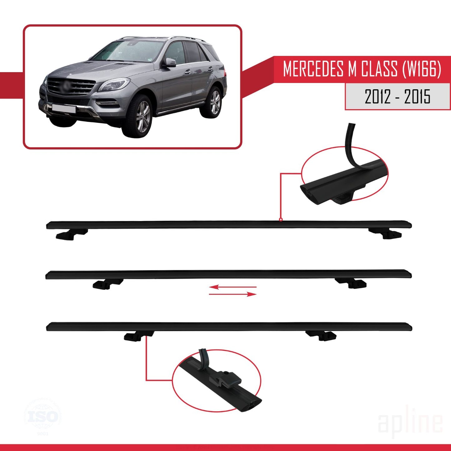 Compatible with Mercedes M Class 3 (W166) Pre-Facelift 2012-2015 BASIC Model Car Roof Rack Cross Bar Black Aluminium 3 Bars