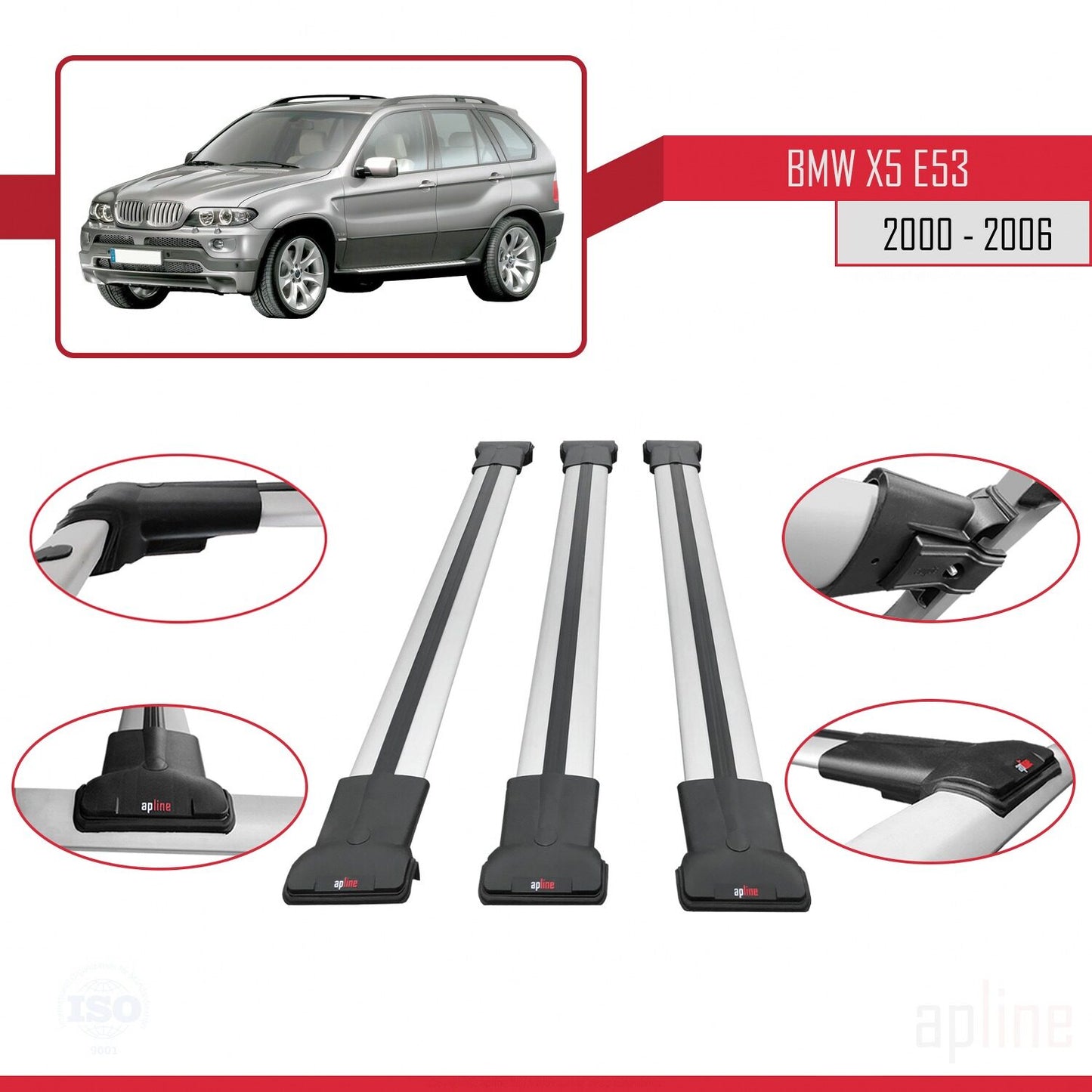 Compatible avec BMW X5 (E53) 2000-2006 FLY Model Barres de Toit Railing Porte-Bagages de Voiture Gris Aluminium 3 Barres