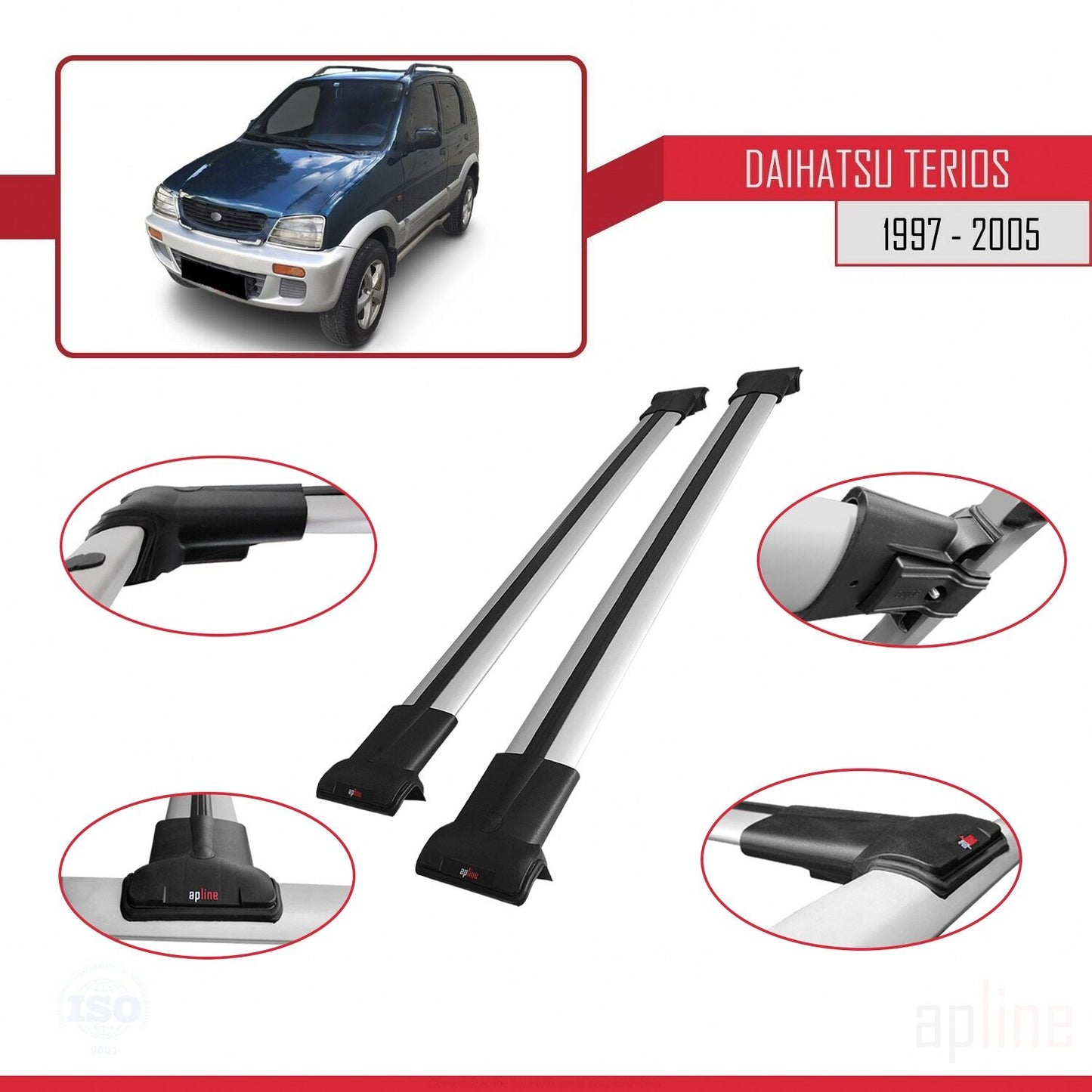 Compatible avec Daihatsu Terios (J100) 1997-2005 FLY Model Barres de Toit Railing Porte-Bagages de Voiture Gris Aluminium 2 Barres
