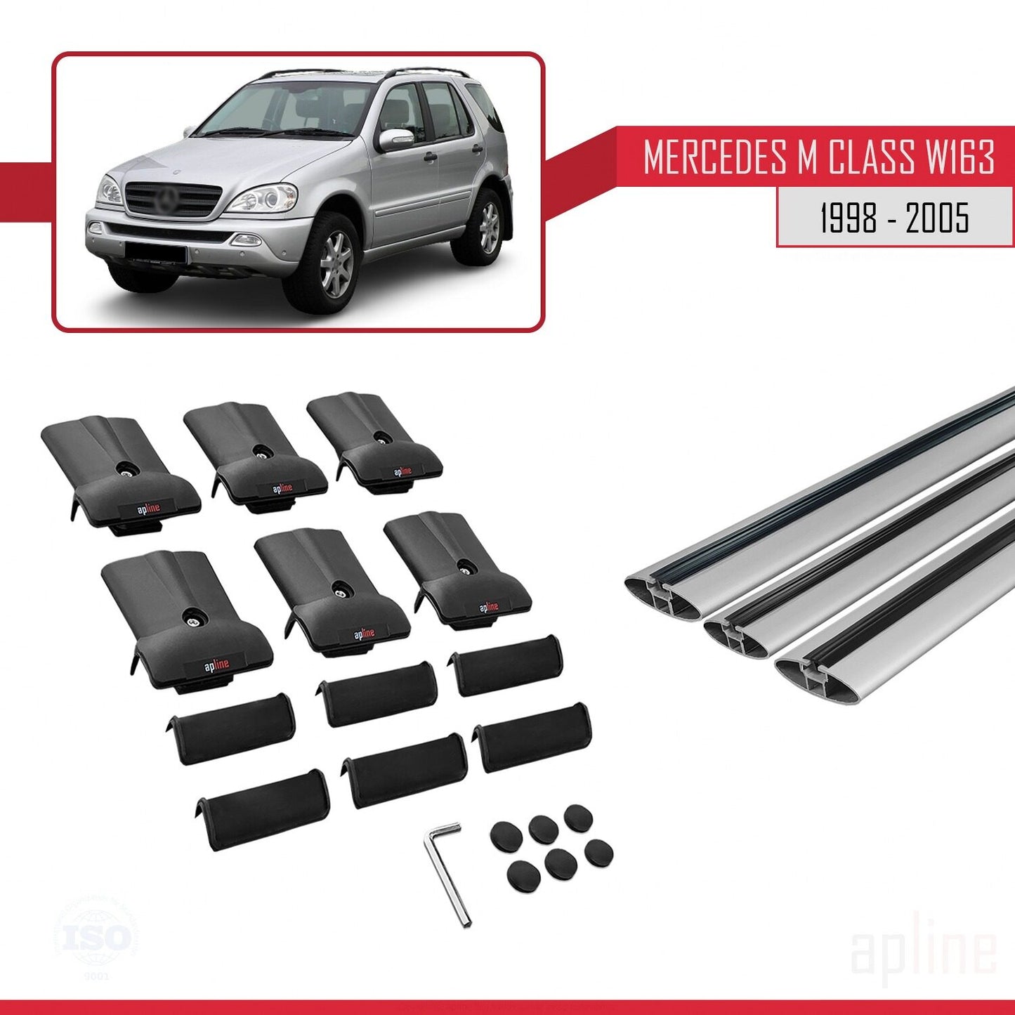 Compatible avec Mercedes Classe M (W163) 1998-2005 FLY Model Barres de Toit Railing Porte-Bagages de Voiture Gris Aluminium 3 Barres