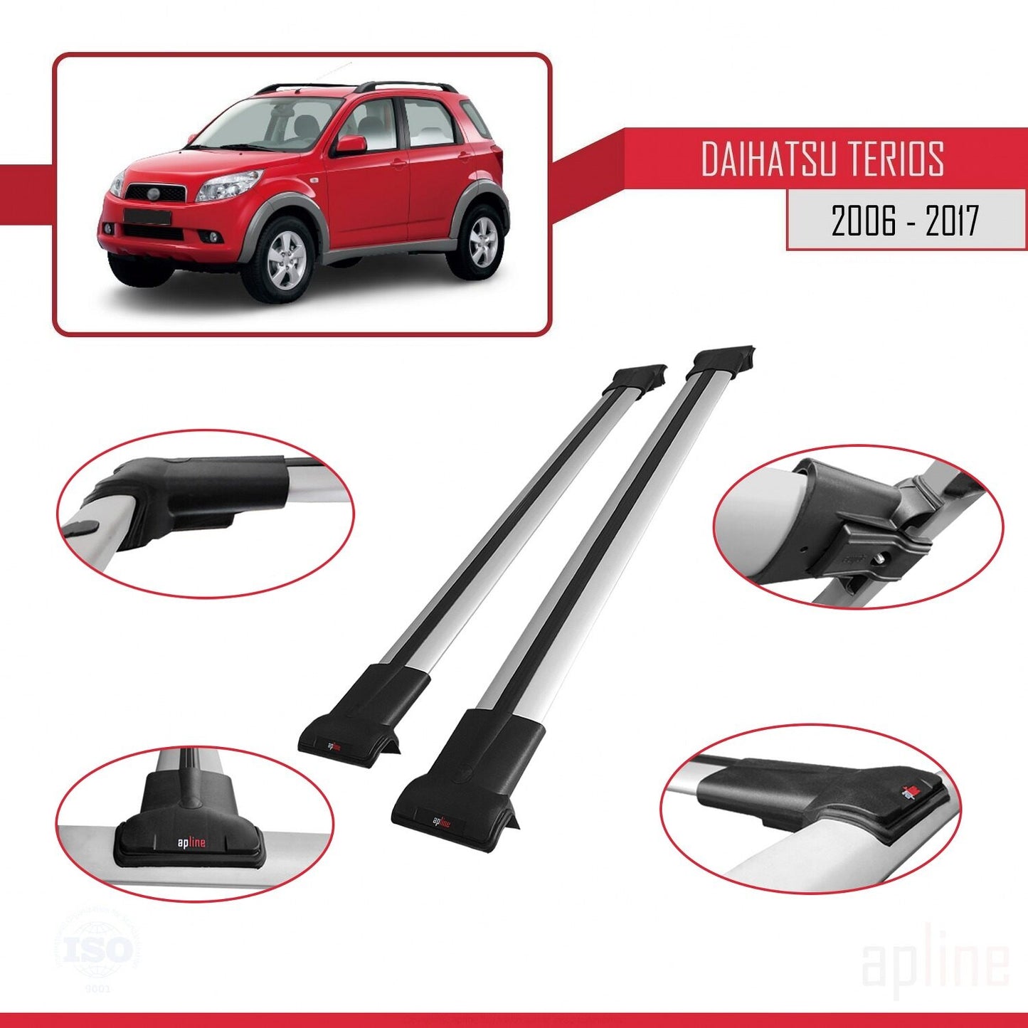 Compatible avec Daihatsu Terios 2 (J200) 2006-2017 FLY Model Barres de Toit Railing Porte-Bagages de Voiture Gris Aluminium 2 Barres